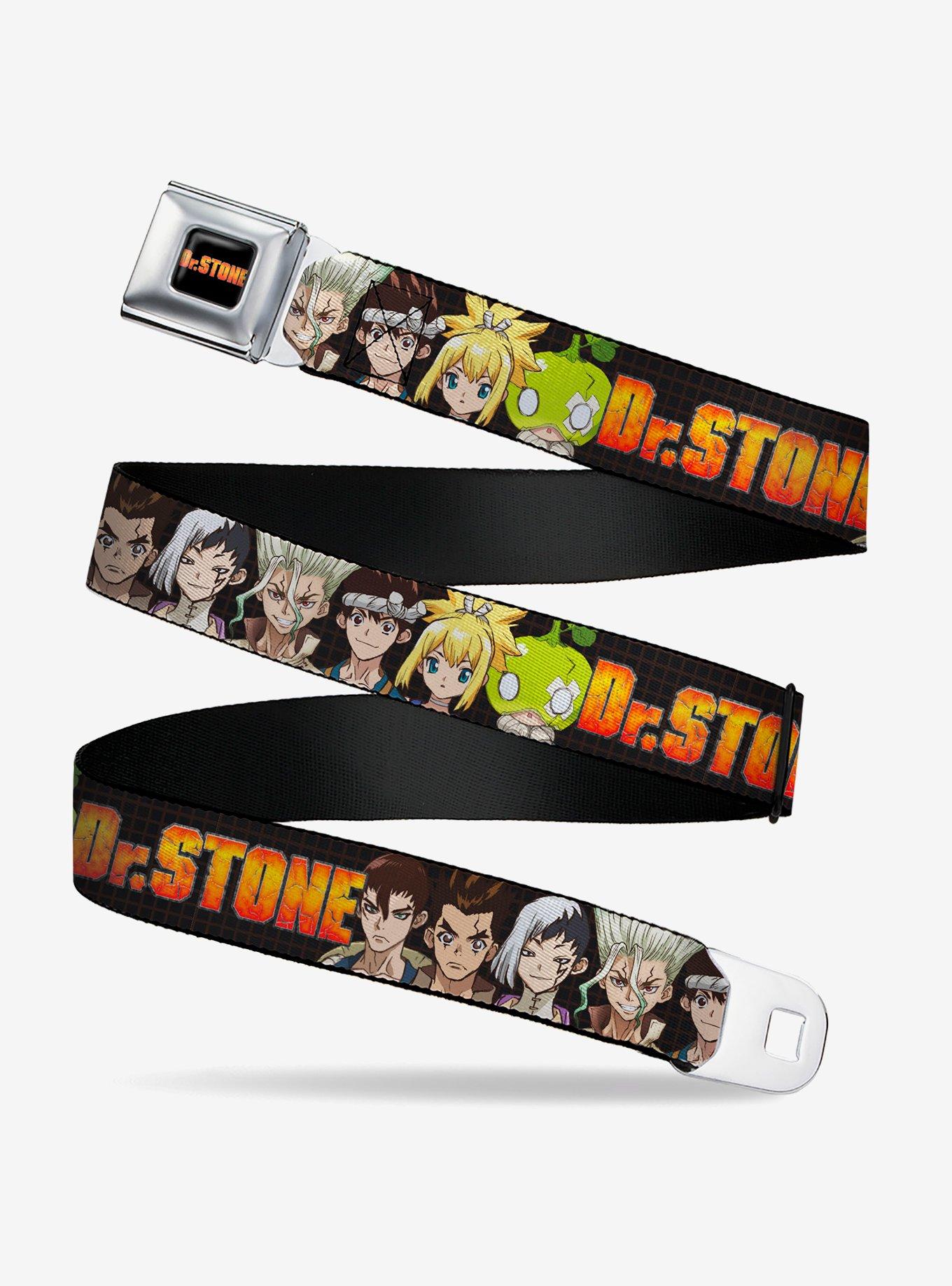 Dr. Stone Title Logo & Character Group Black Seatbelt Buckle Belt, , hi-res