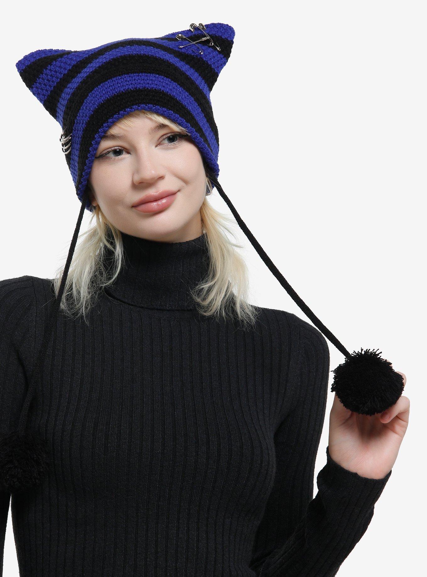 Black & Blue Stripe Safety Pin Ear Tassel Beanie, , hi-res