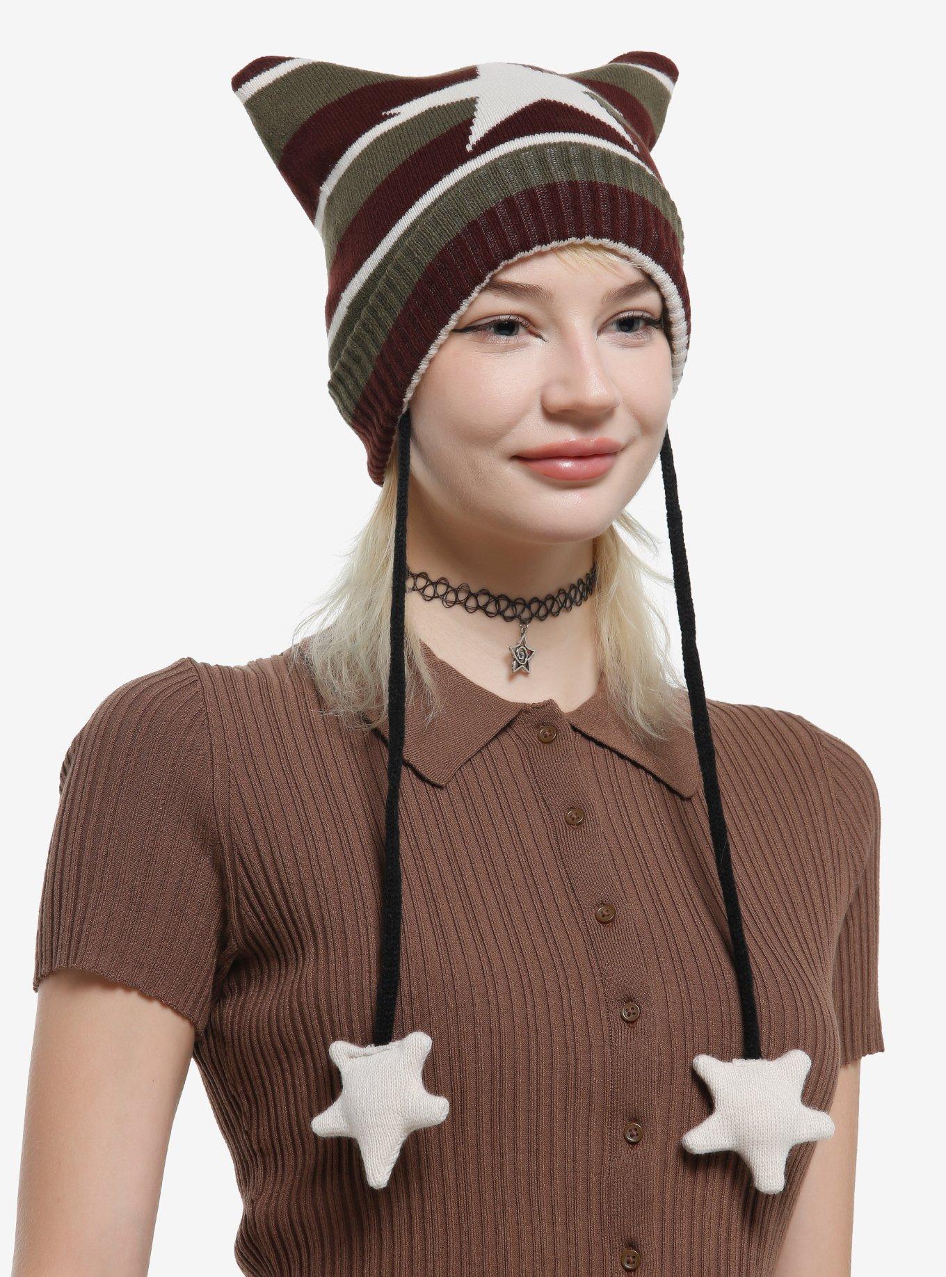 Green & Brown Stripe Star Subtle Ear Tassel Beanie, , hi-res