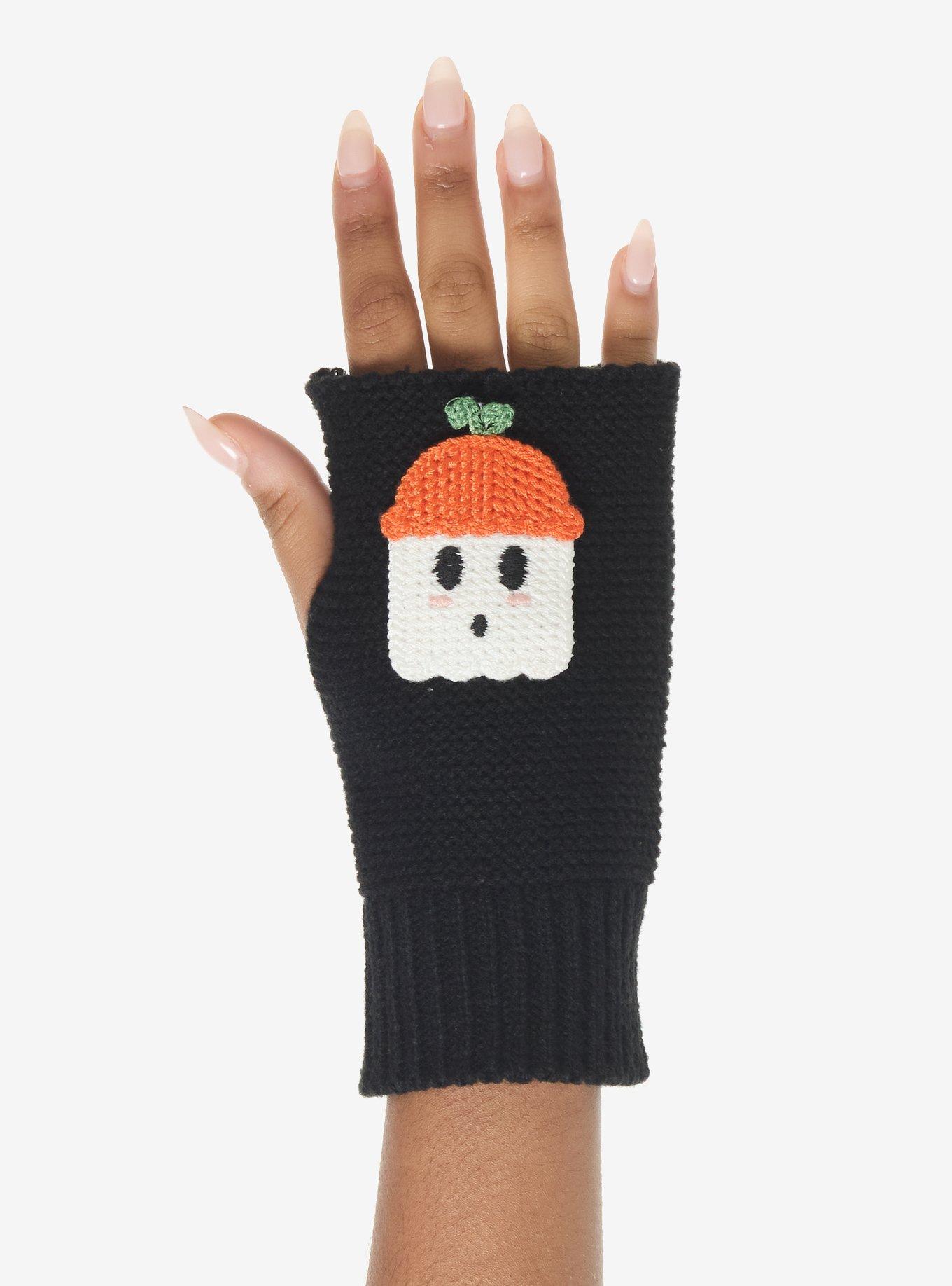Pumpkin Ghost Knit Fingerless Gloves, , hi-res
