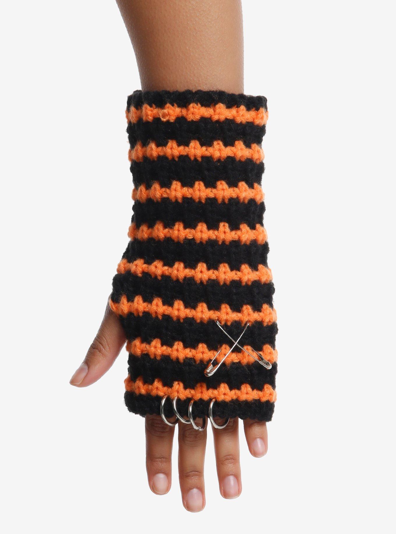 Orange & Black Stripe Knit Fingerless Gloves, , hi-res