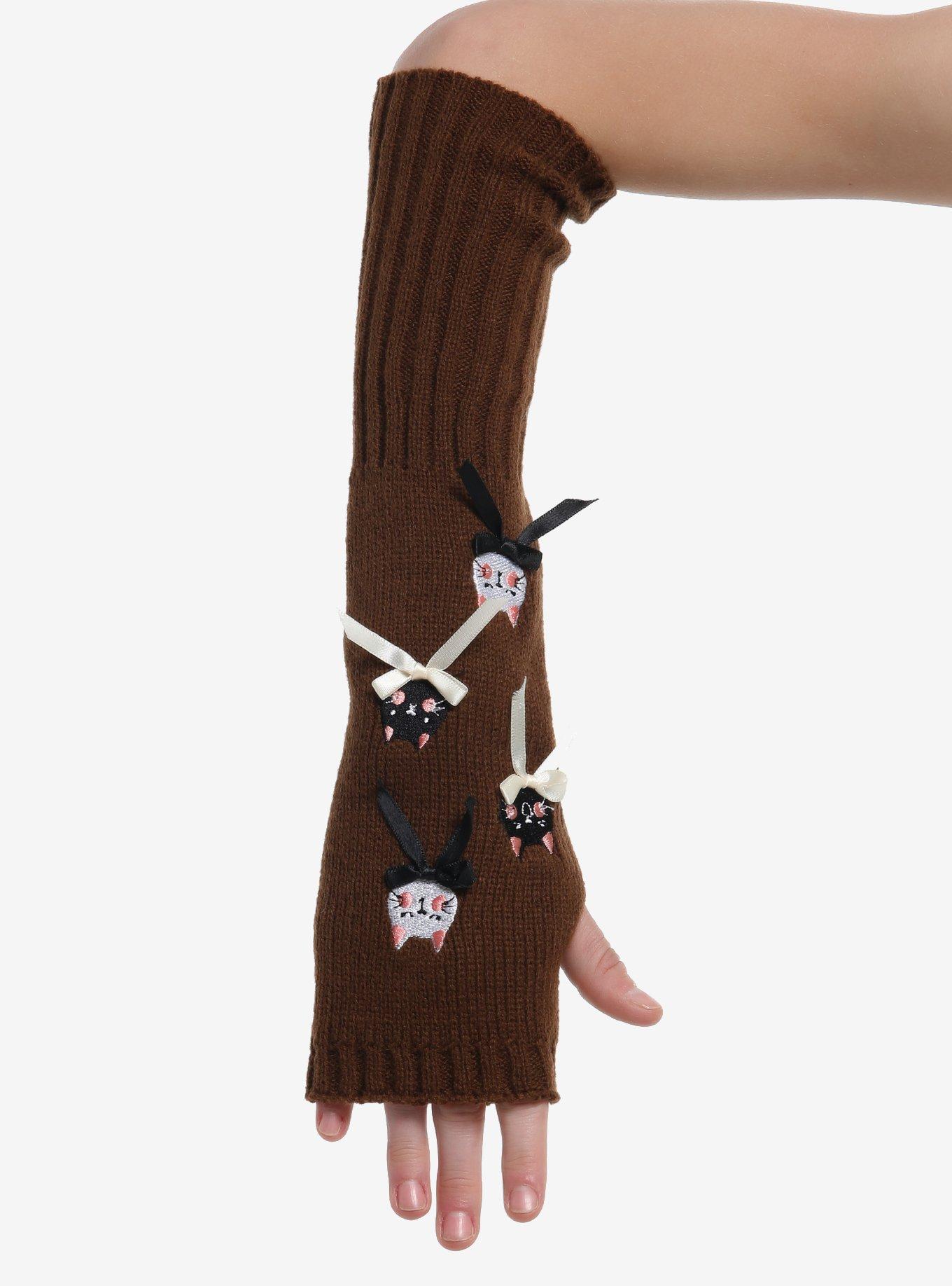 Kitty Faces & Bows Brown Arm Warmers, , hi-res