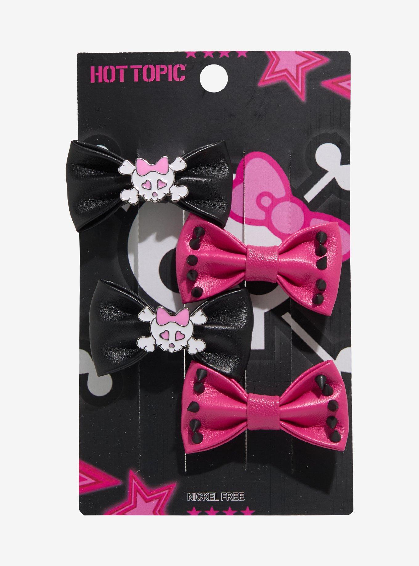 Skull & Crossbones Spike Pink & Black Hair Bow Set, , hi-res
