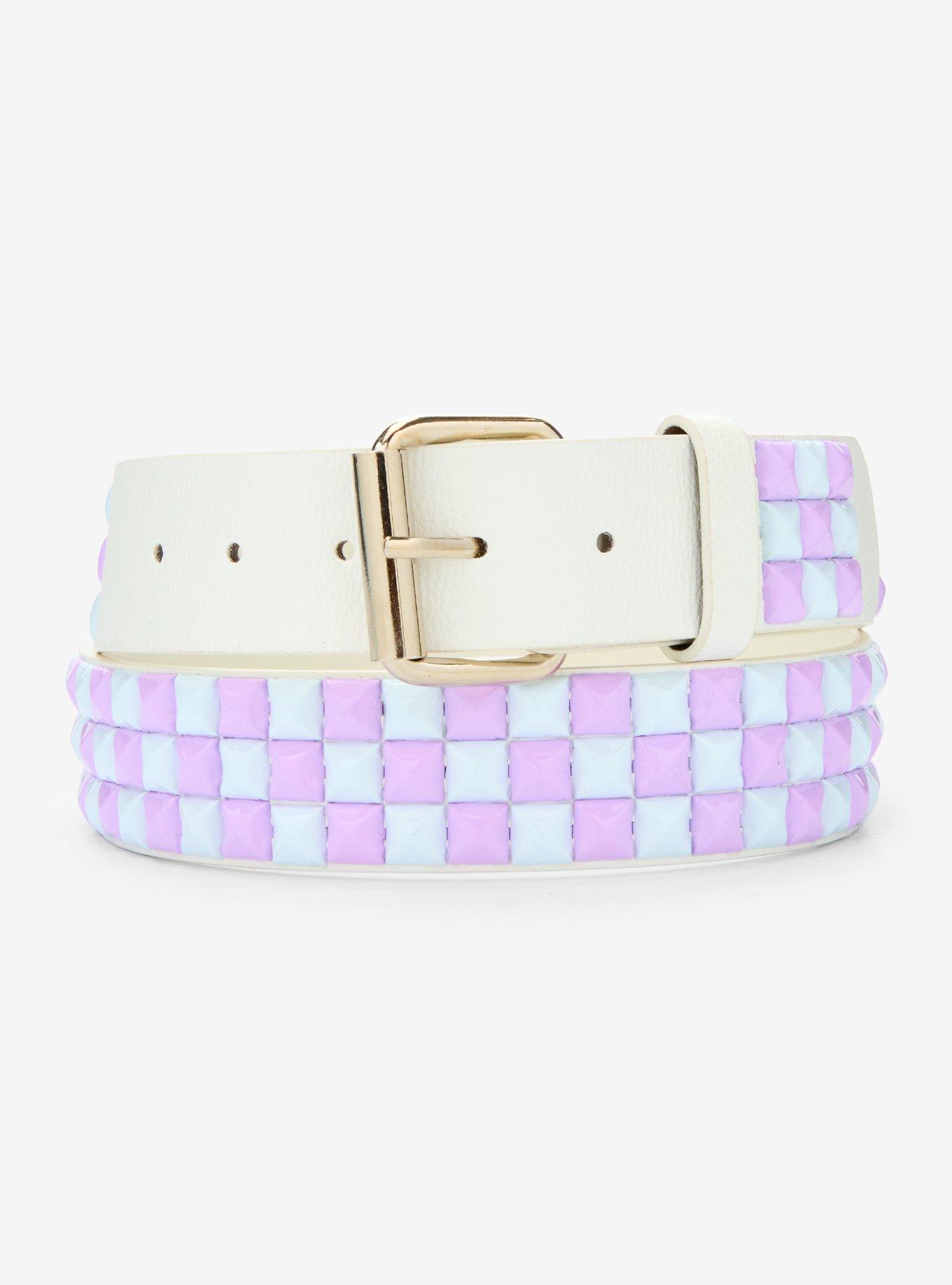 White & Lavender Three Row Pyramid Stud Belt, MULTI, hi-res
