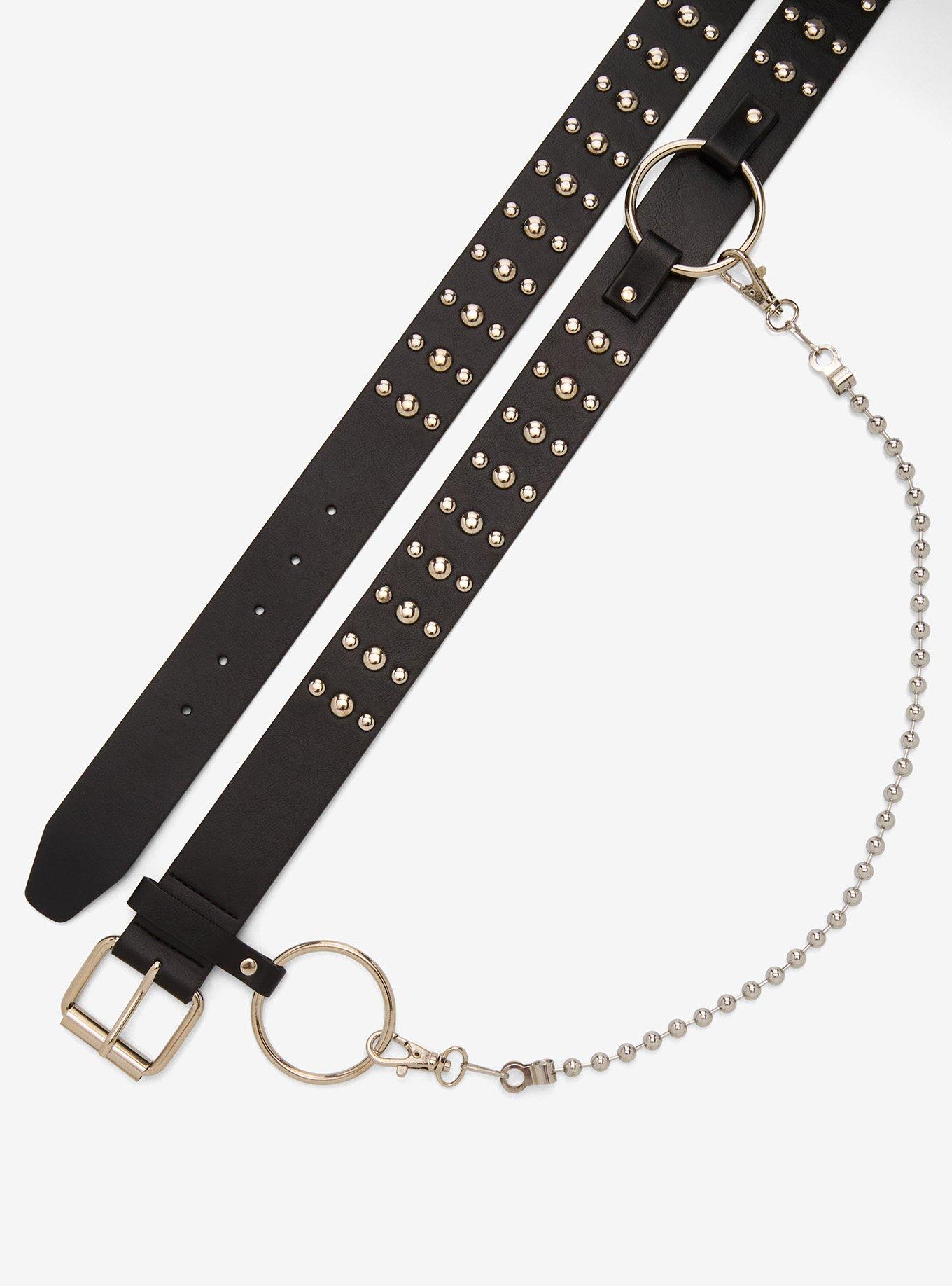 Black & Silver Stud O-Ring Ball Chain Belt, , hi-res