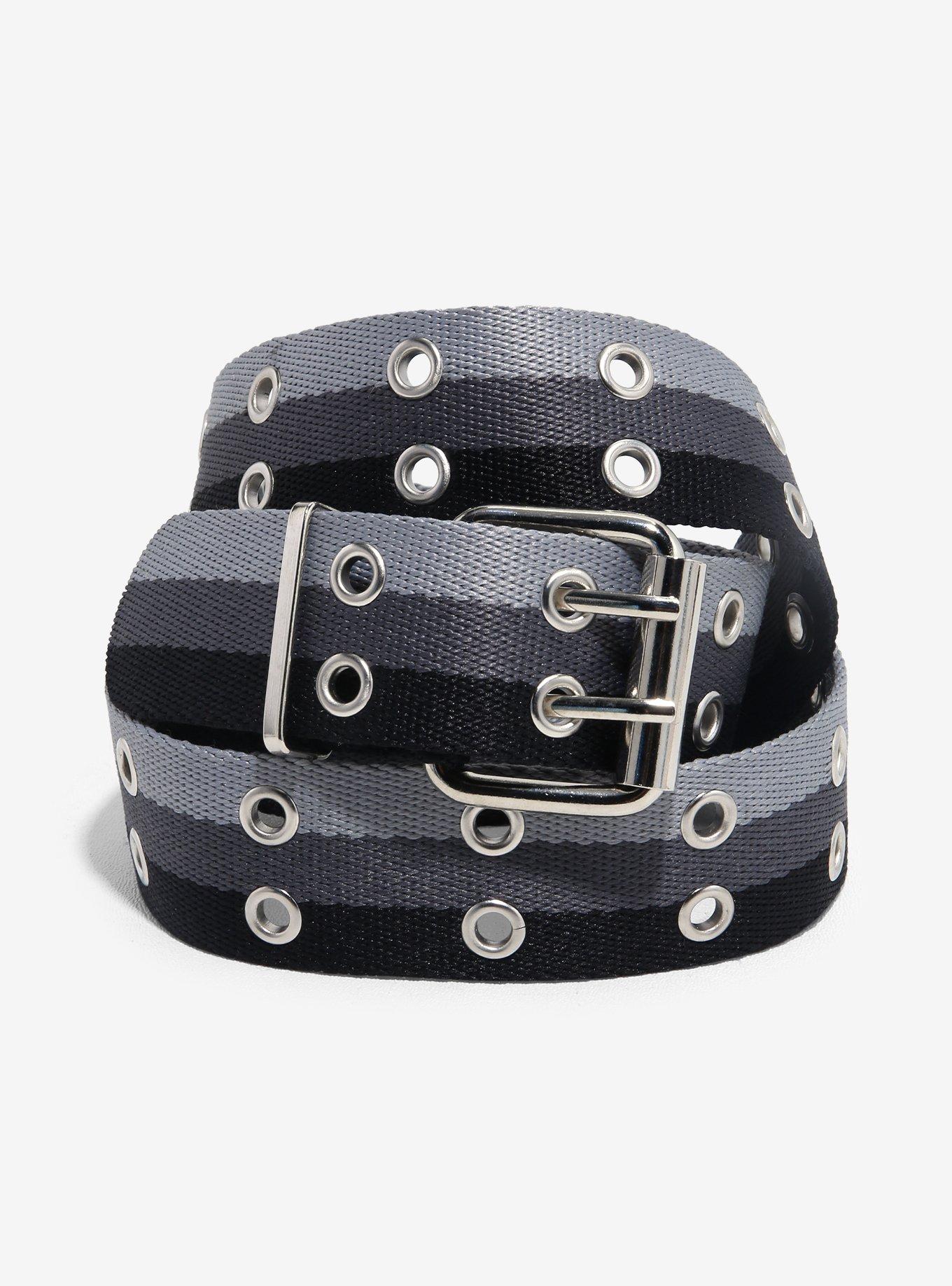 Black & Grey Stripe Grommet Belt, , hi-res