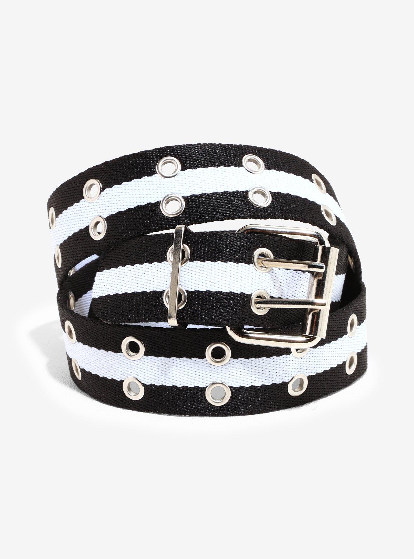 Black & White Stripe Grommet Belt, , hi-res