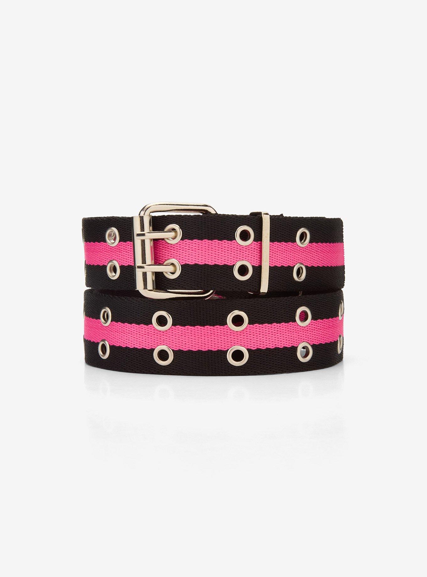Black & Pink Stripe Grommet Belt, , hi-res