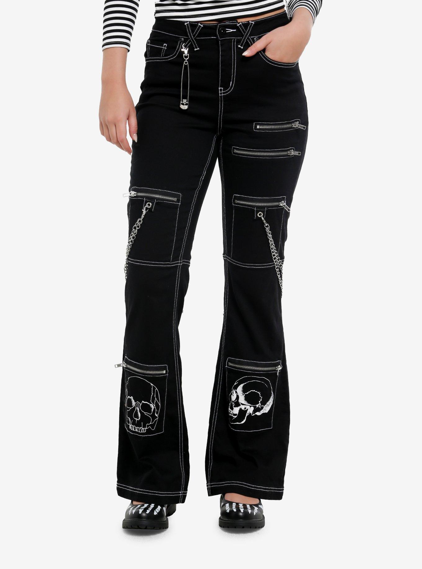 Social Collision Skull & Chains Black Low Rise Flare Pants, , hi-res