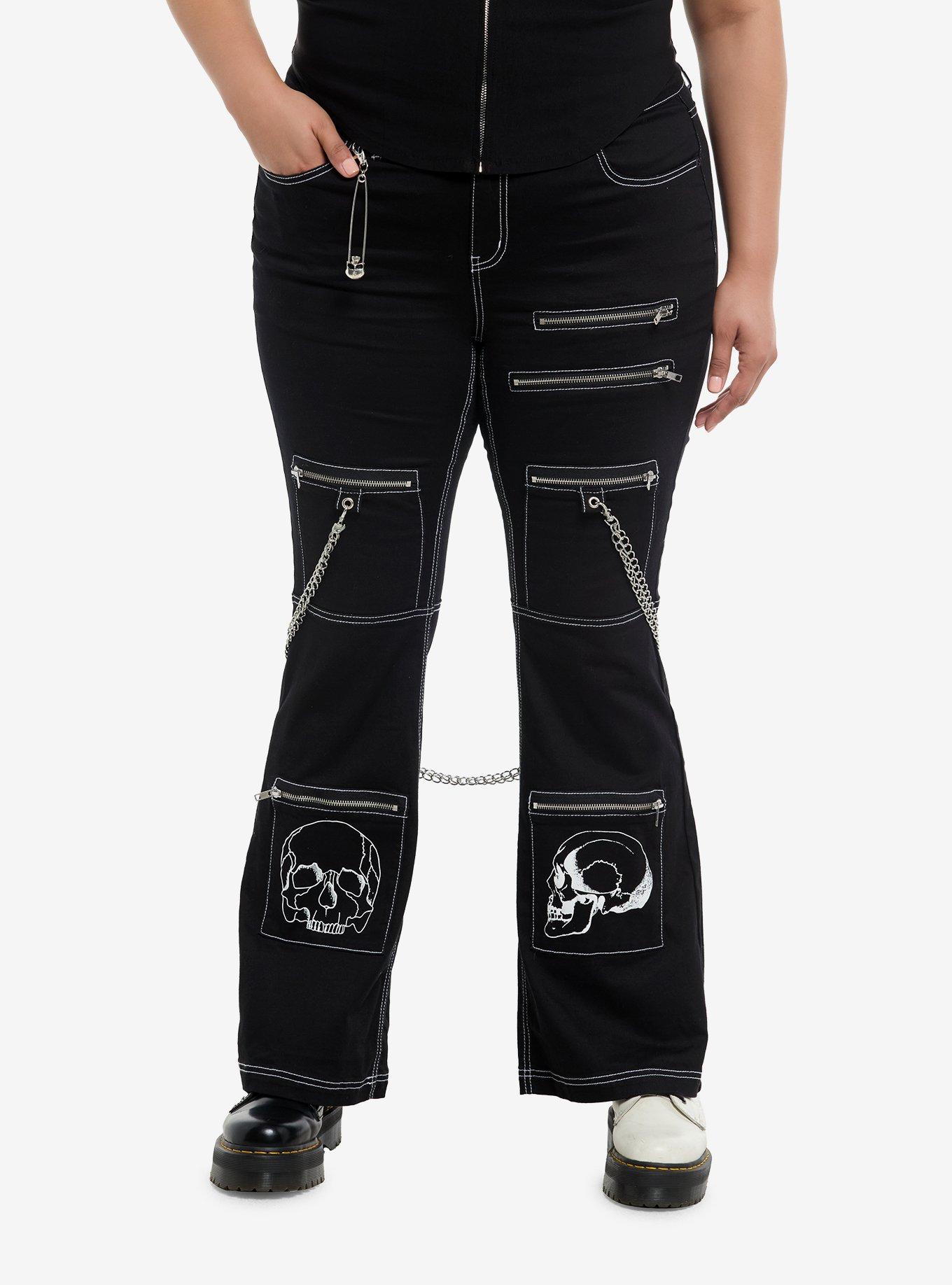 Social Collision Skull & Chains Black Low Rise Flare Pants Plus Size, , hi-res