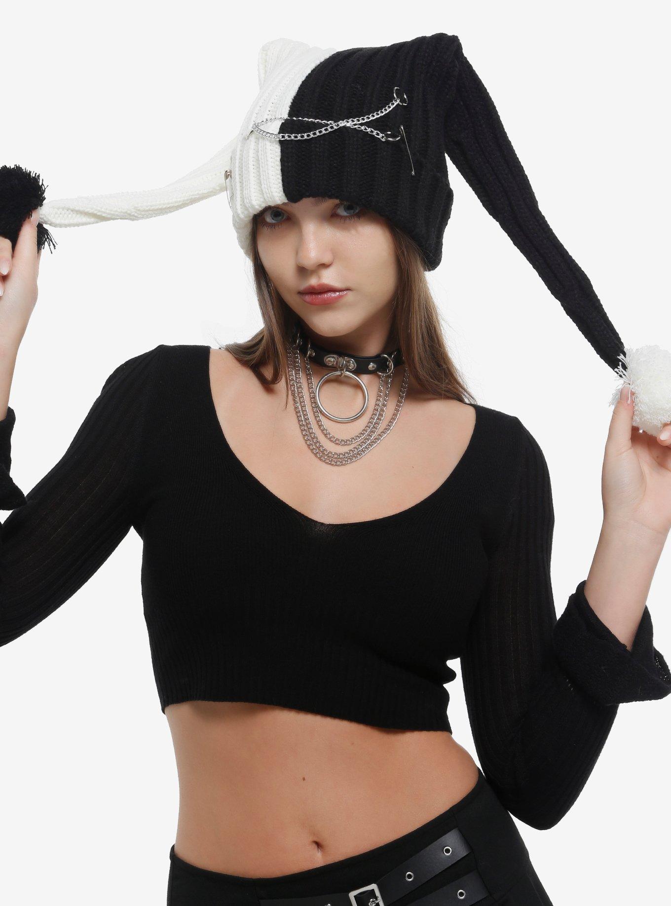 Black & White Split Pierced Bunny Ear Beanie, , hi-res
