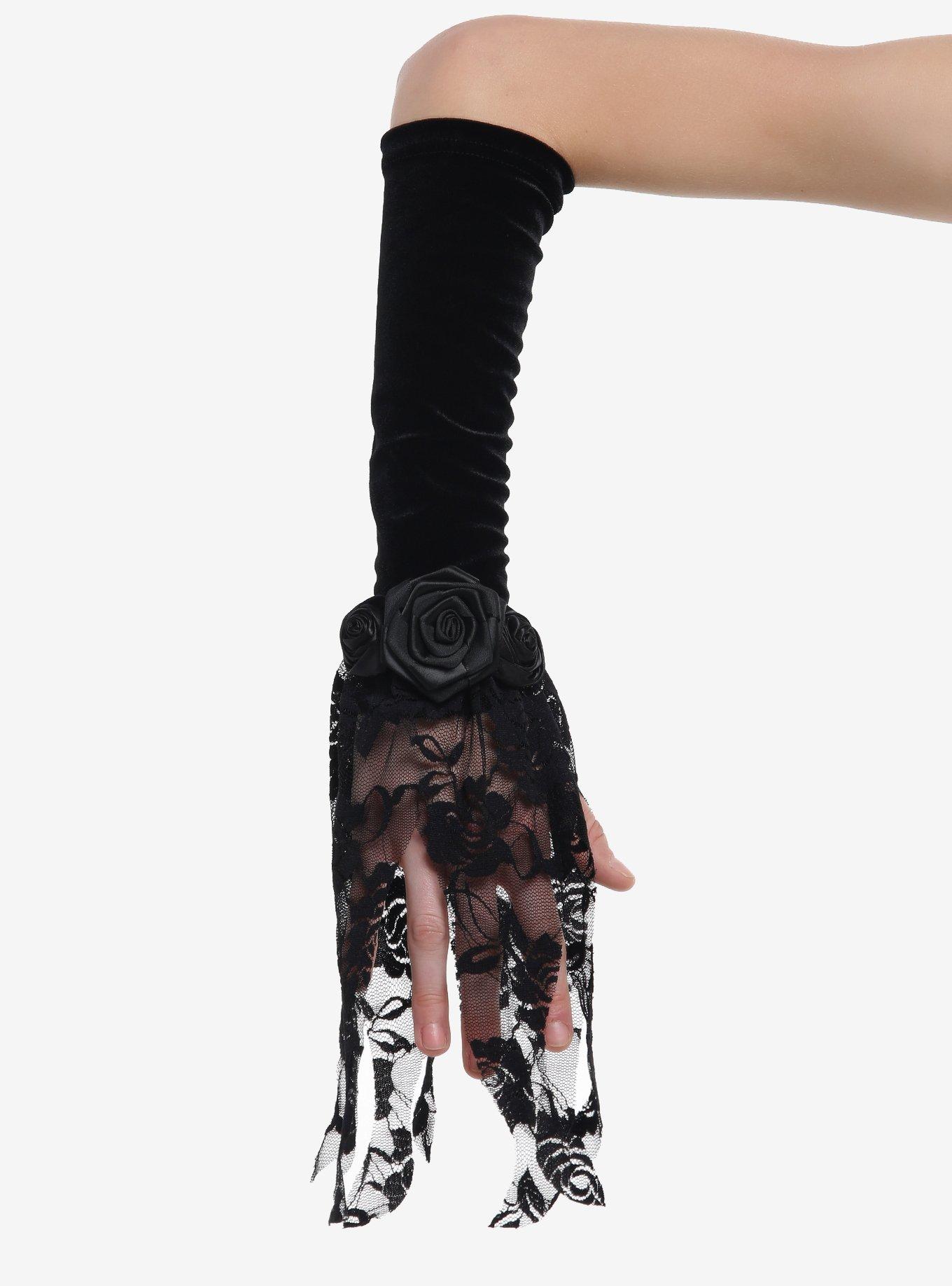Black Gothic Rose Lace Flare Arm Warmers, , hi-res