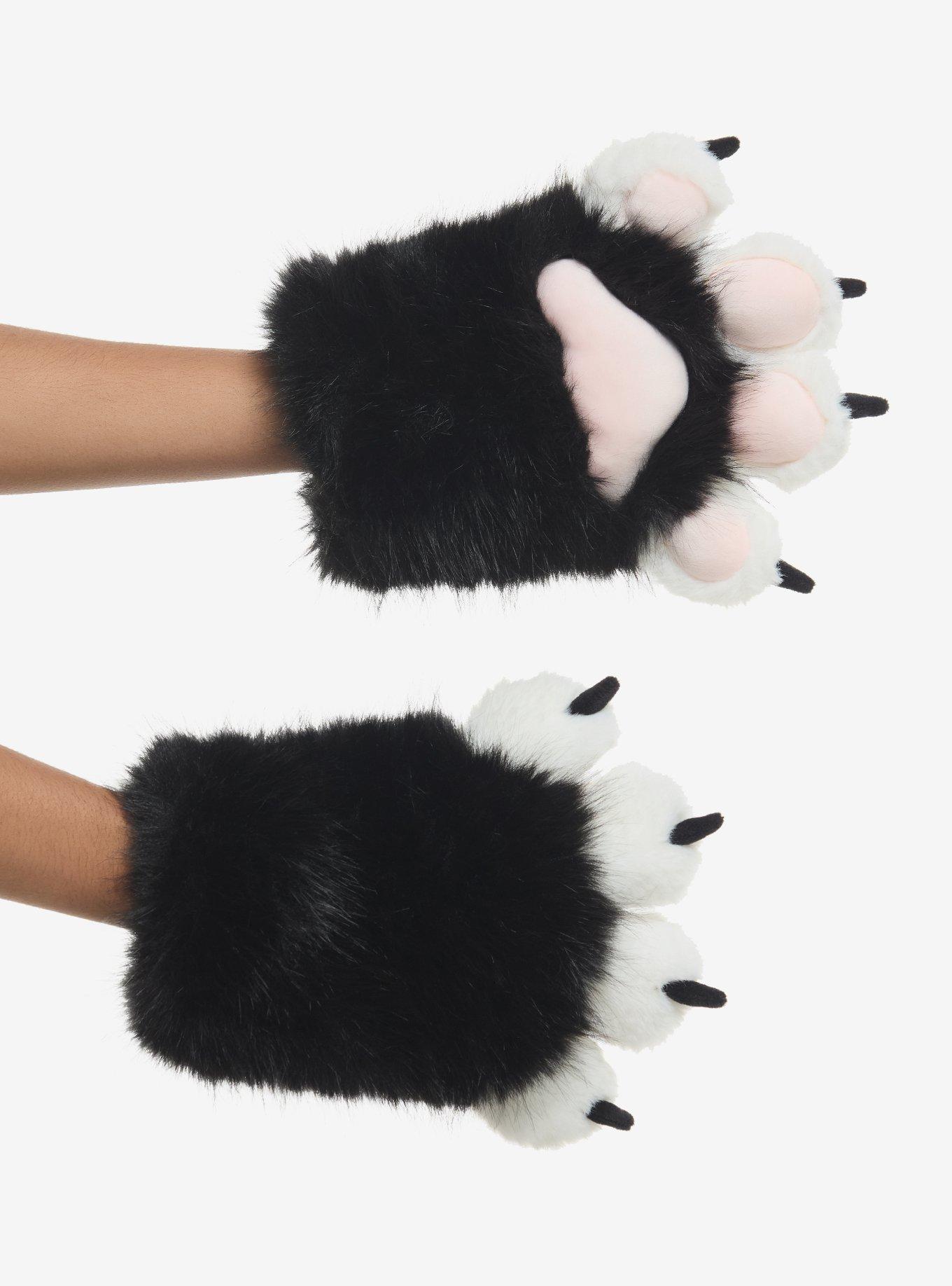 Black & White Cat Fuzzy Paw Gloves, , hi-res