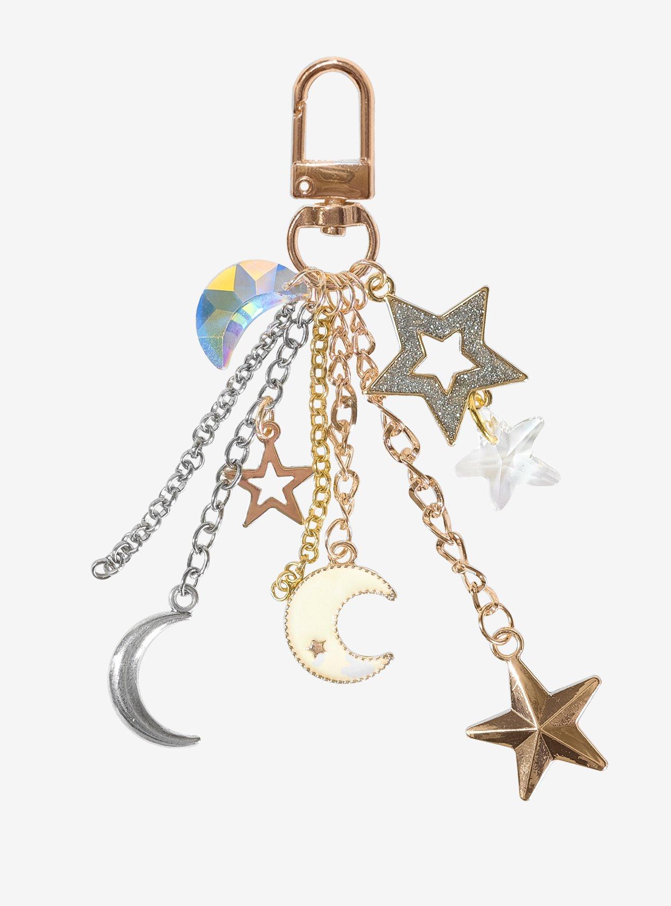 Crescent Moon & Stars Gold Multi-Charm Keychain, , hi-res