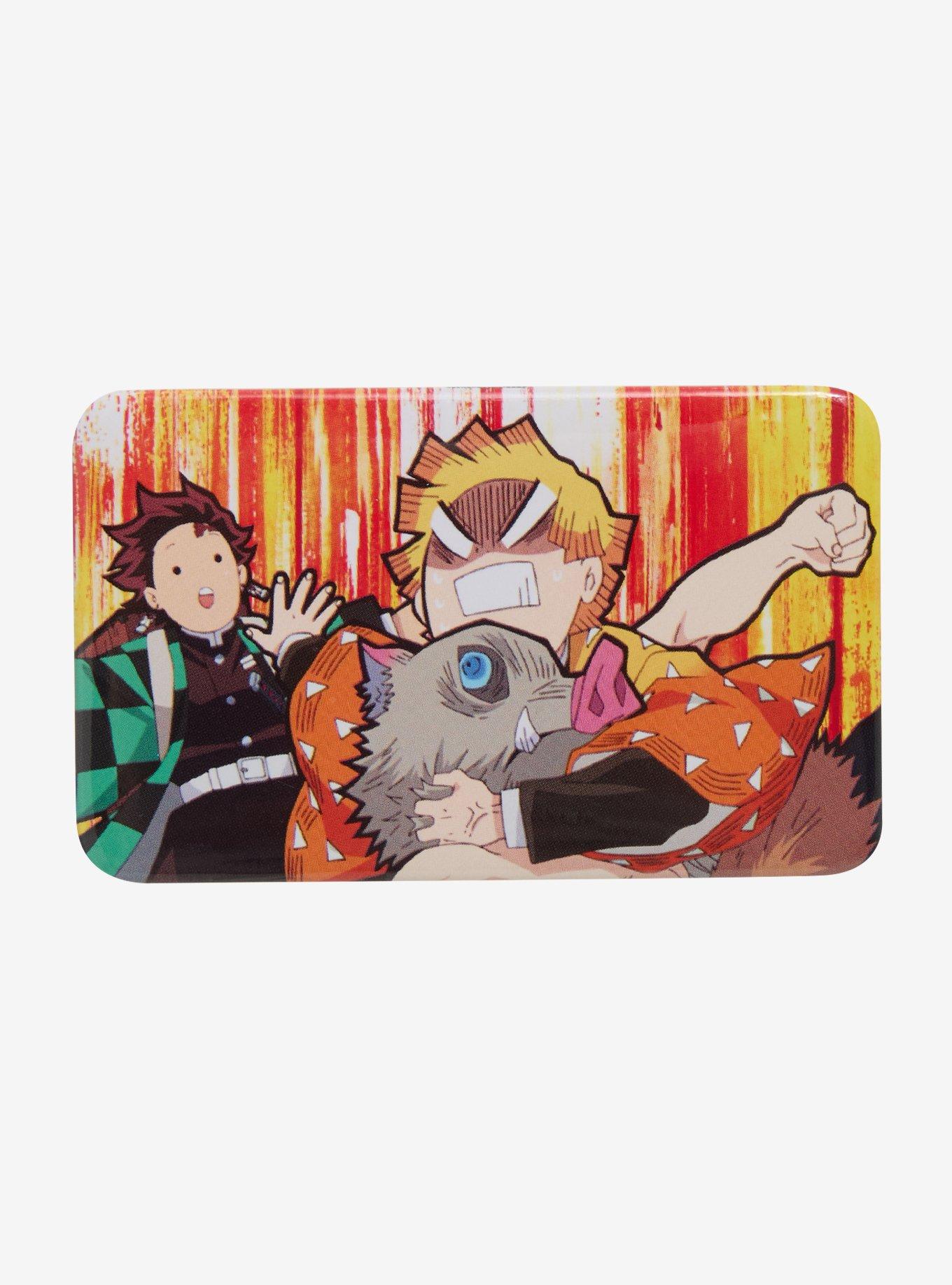 Demon Slayer: Kimetsu no Yaiba Inosuke, Zenitsu, & Tanjiro Fight Rectangle Button Pin, , hi-res