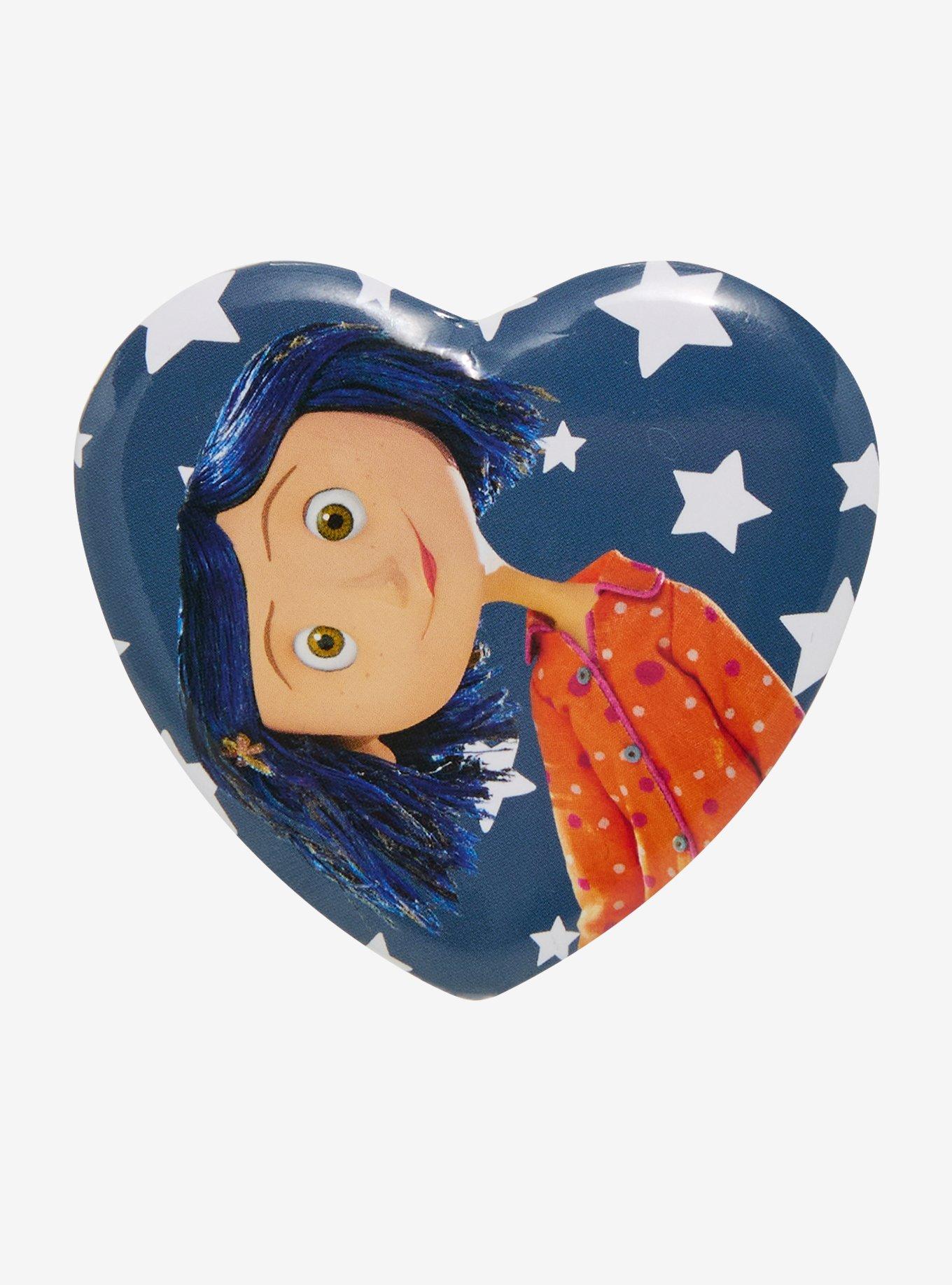 Coraline Head Tilt Starry Heart-Shaped Button Pin, , hi-res