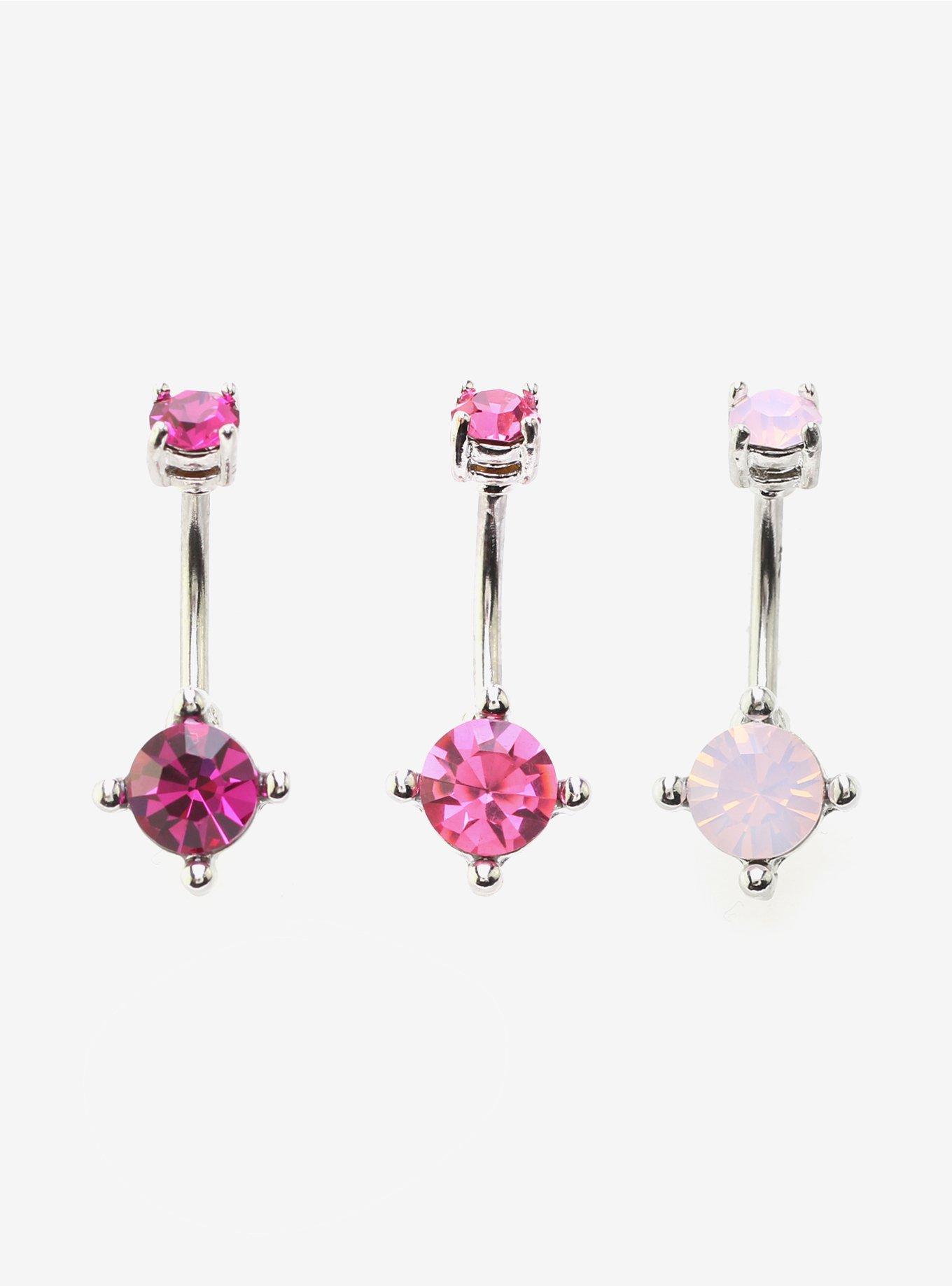 14G Steel Pink Gem Navel Barbell 3 Pack, , hi-res