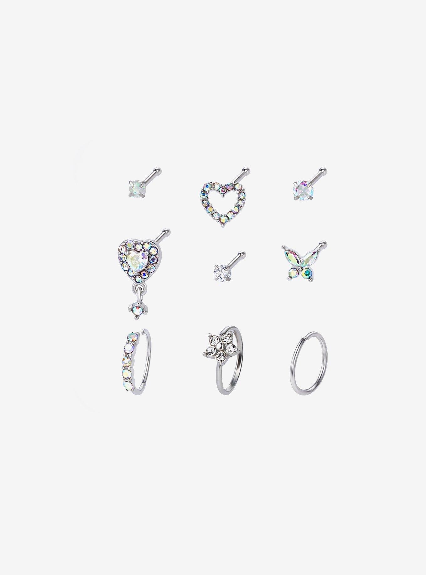 Steel Bling Heart Butterfly Nose Stud & Hoop 9 Pack, , hi-res