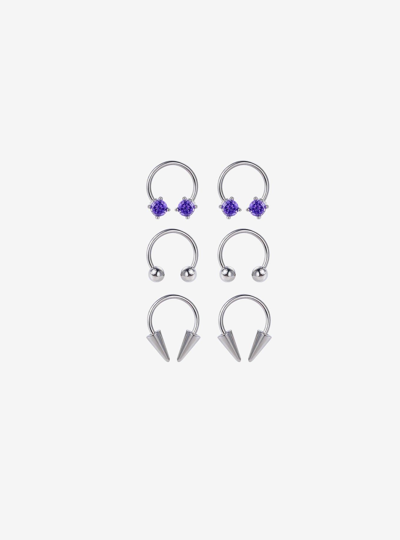 16G Steel Silver Purple Gem & Spike Circular Barbell 6 Pack, , hi-res