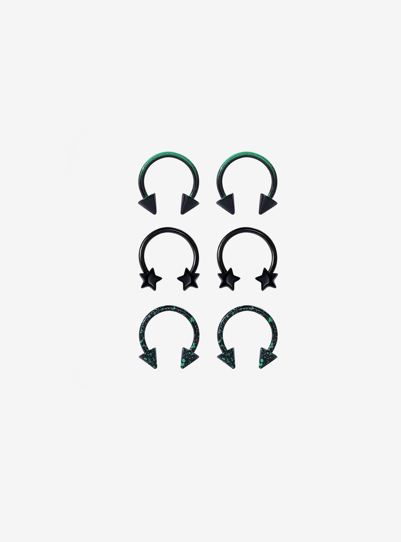 16G Steel Black & Green Splatter Circular Barbell 6 Pack, MULTI, hi-res