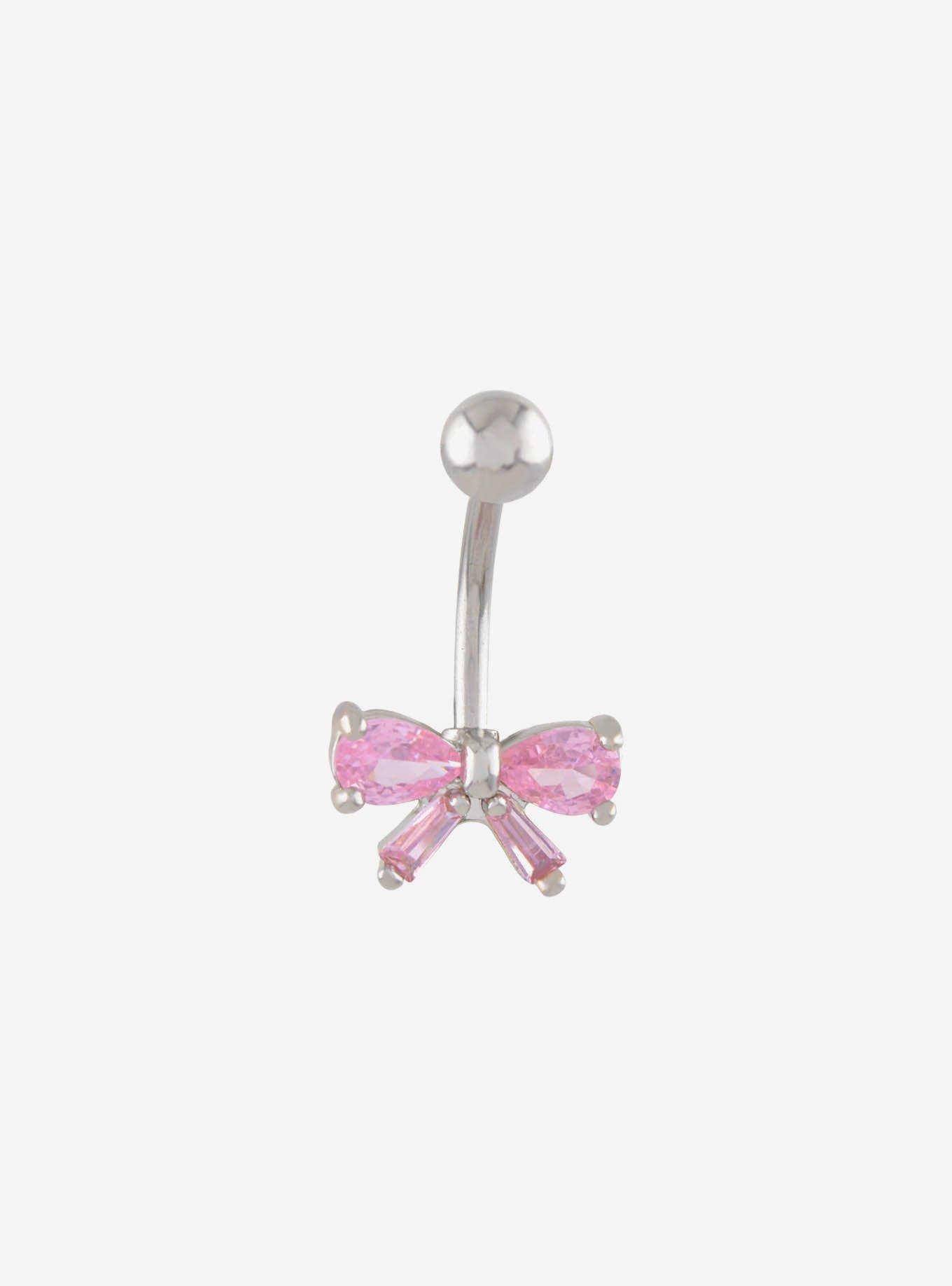 14G Steel Pink Bow Navel Barbell, , hi-res