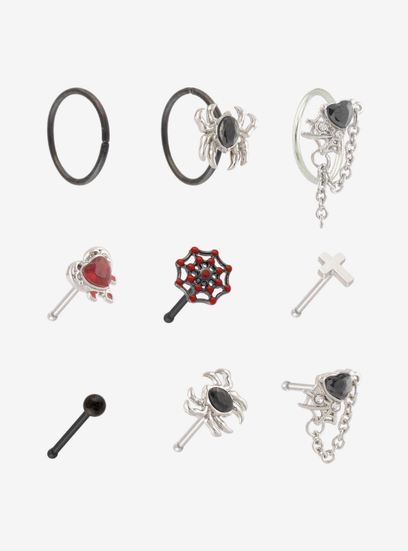 Steel Spider Heart Nose Stud & Hoop 9 Pack, MULTI, hi-res