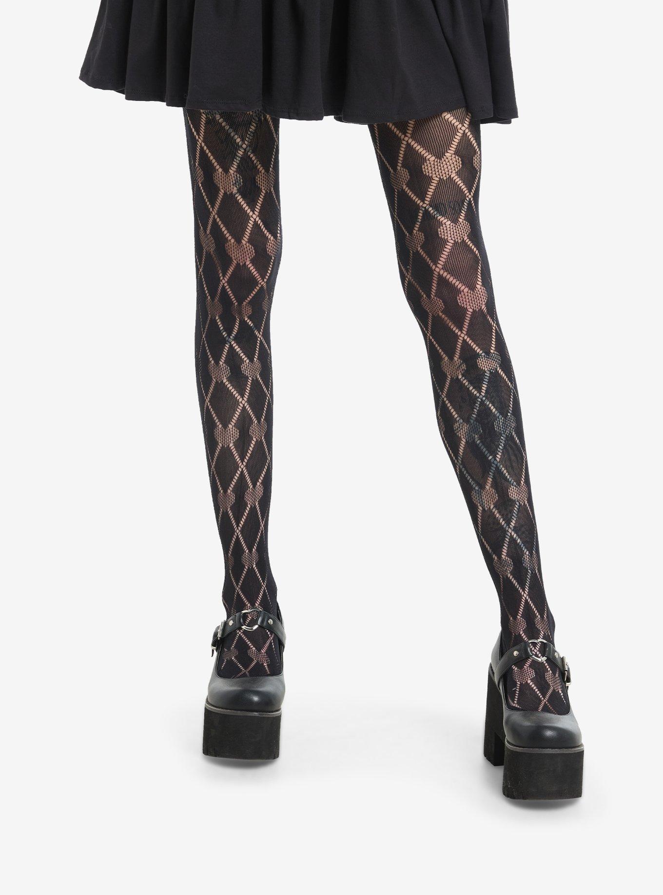 Black Heart Argyle Fishnet Tights, , hi-res