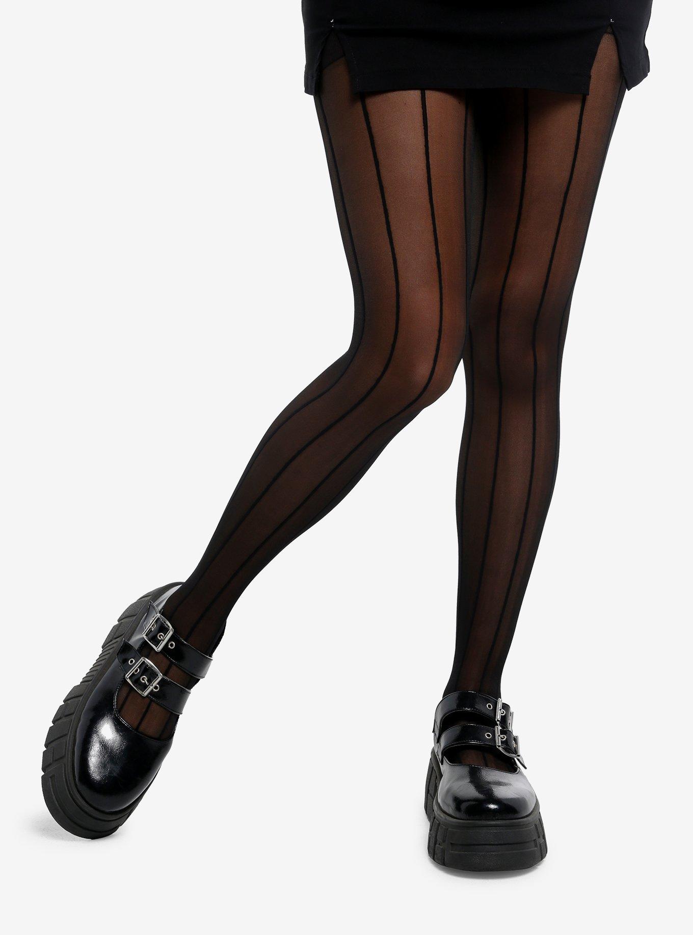 Black Thin Stripe Sheer Tights, , hi-res