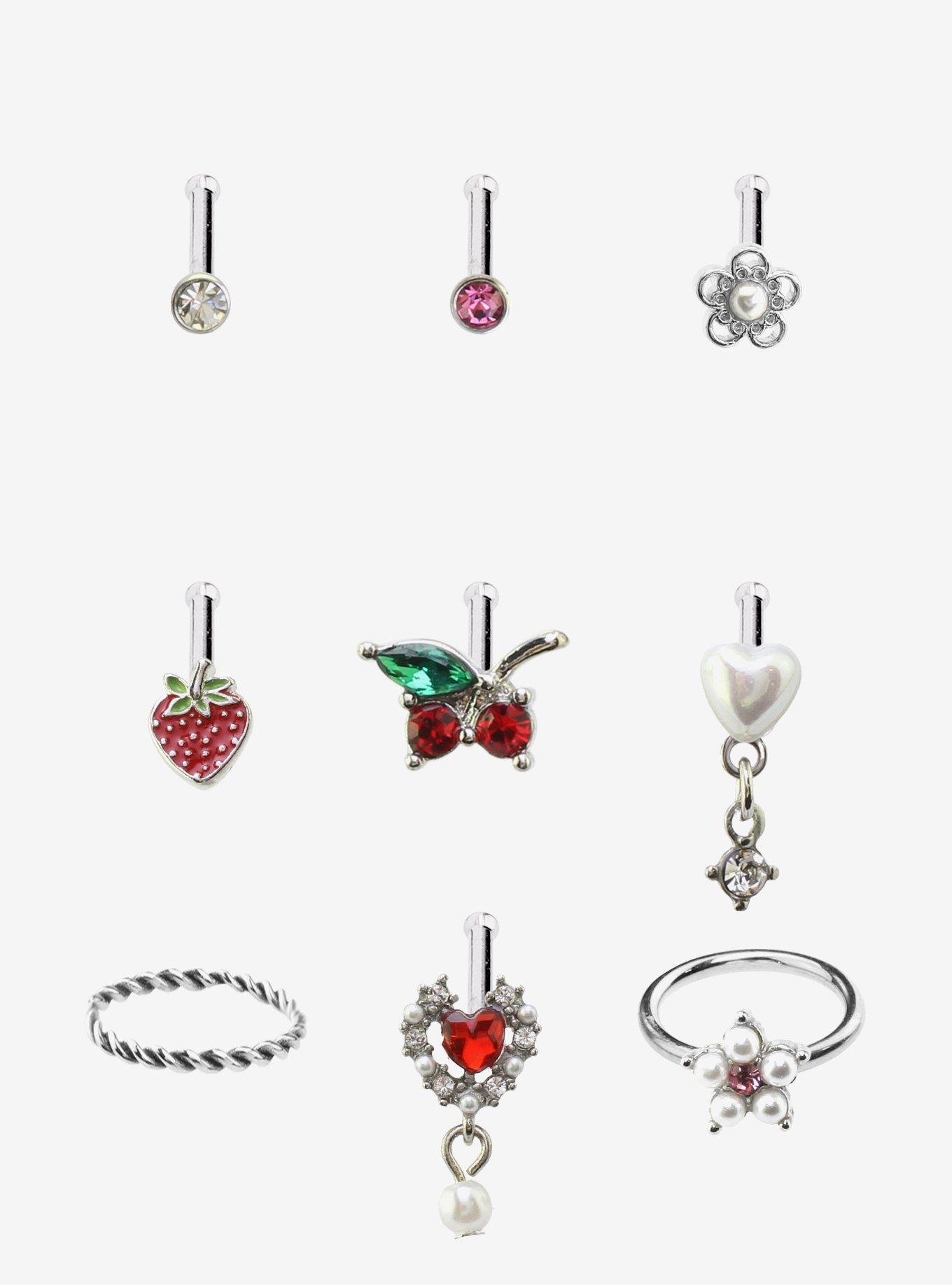 Steel Cherry Heart Pearl Nose Stud & Hoop 9 Pack, MULTI, hi-res