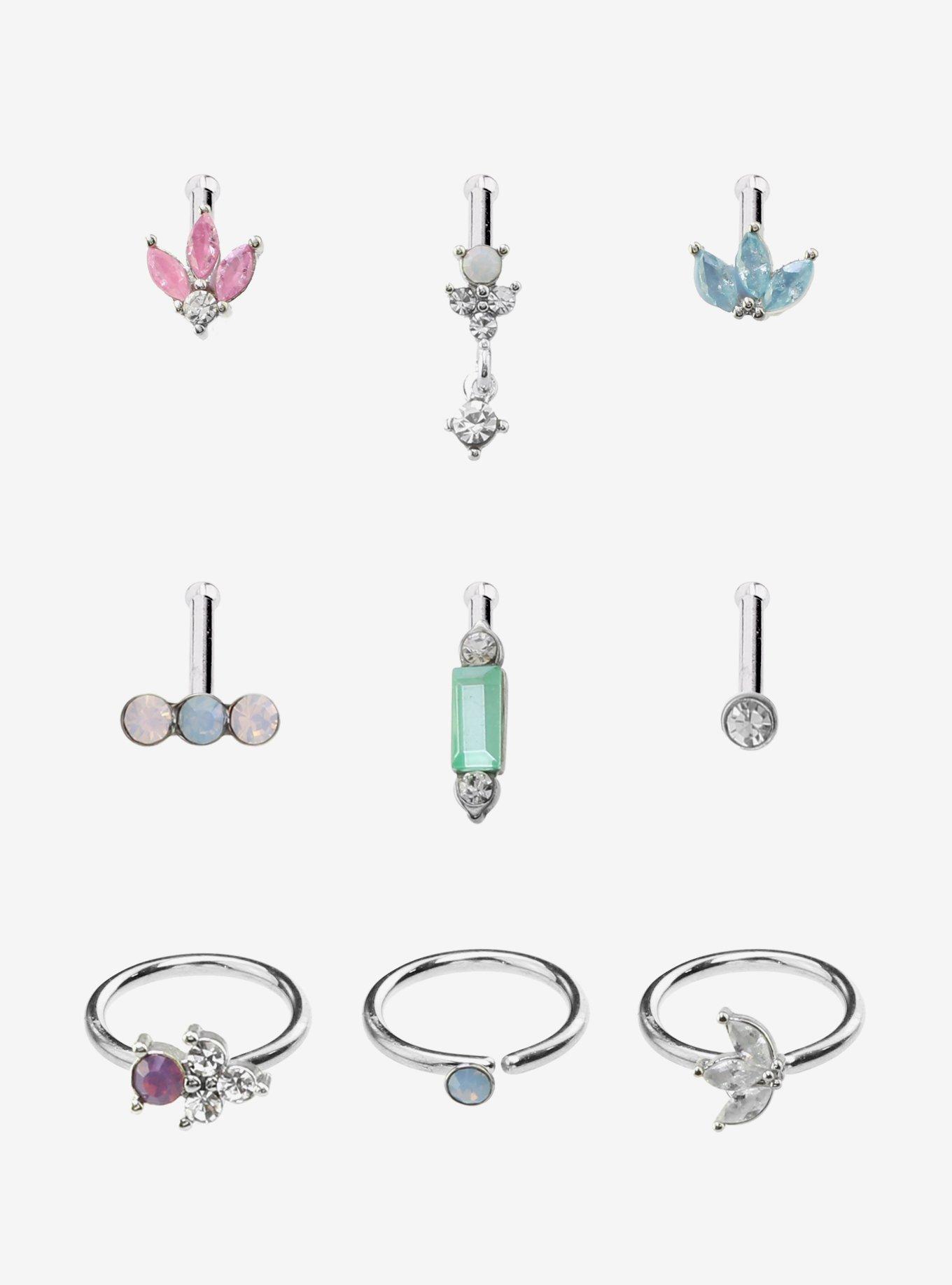 Steel Pink & Blue Lotus Bling Nose Stud & Hoop 9 Pack, MULTI, hi-res