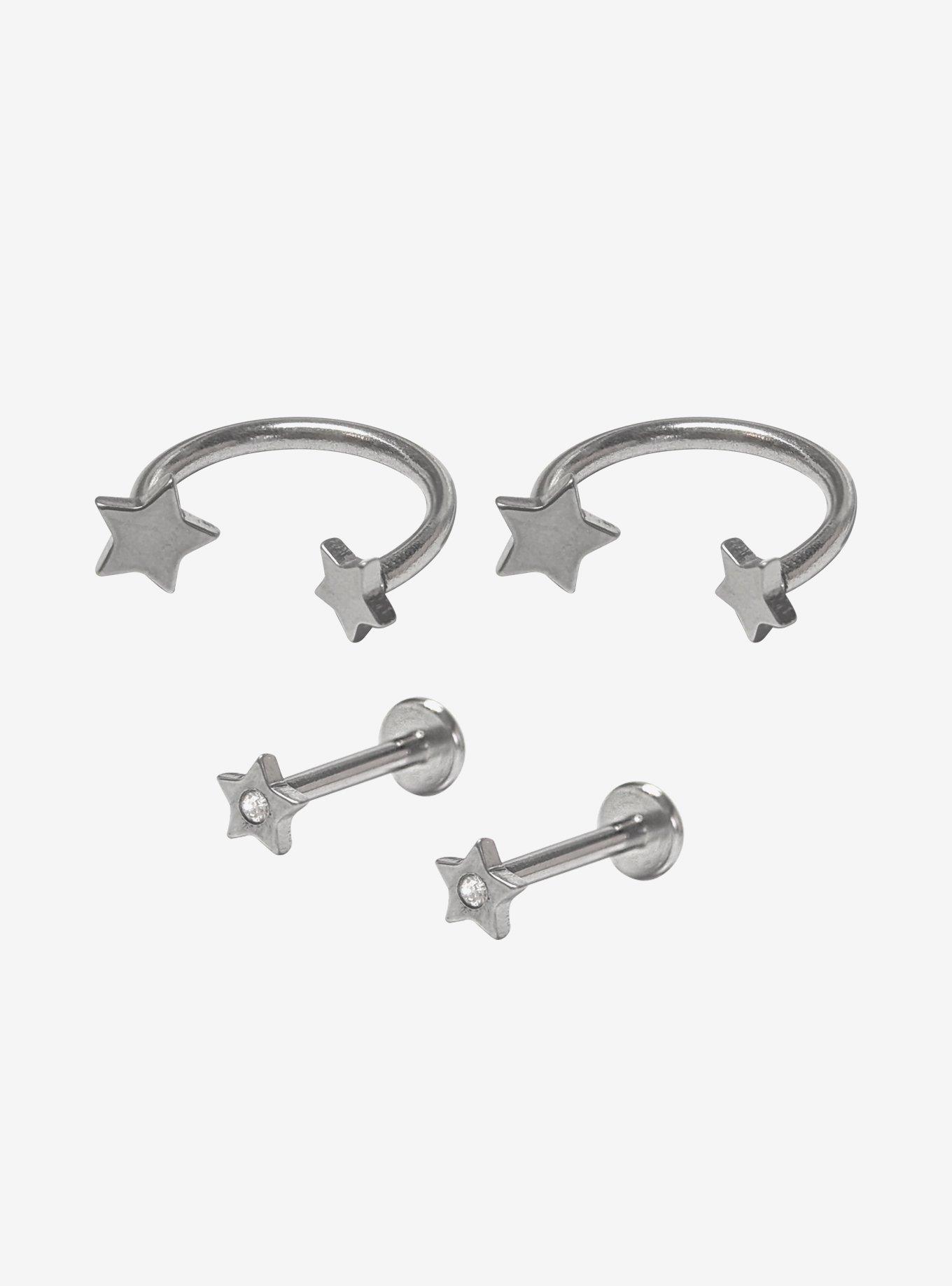 Steel Silver Star Labret Stud & Circular Barbell 4 Pack, , hi-res