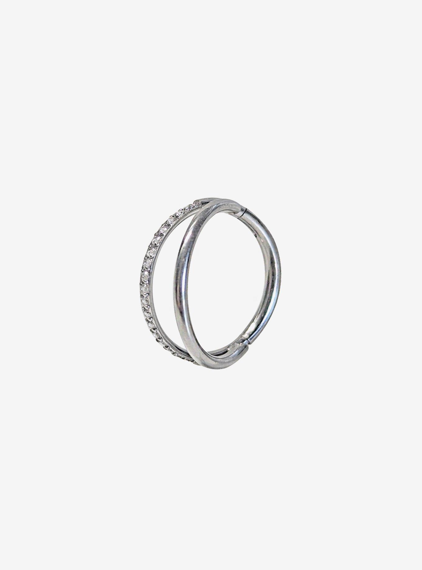 Steel Silver CZ Gem Double Hoop Hinged Clicker, MULTI, hi-res
