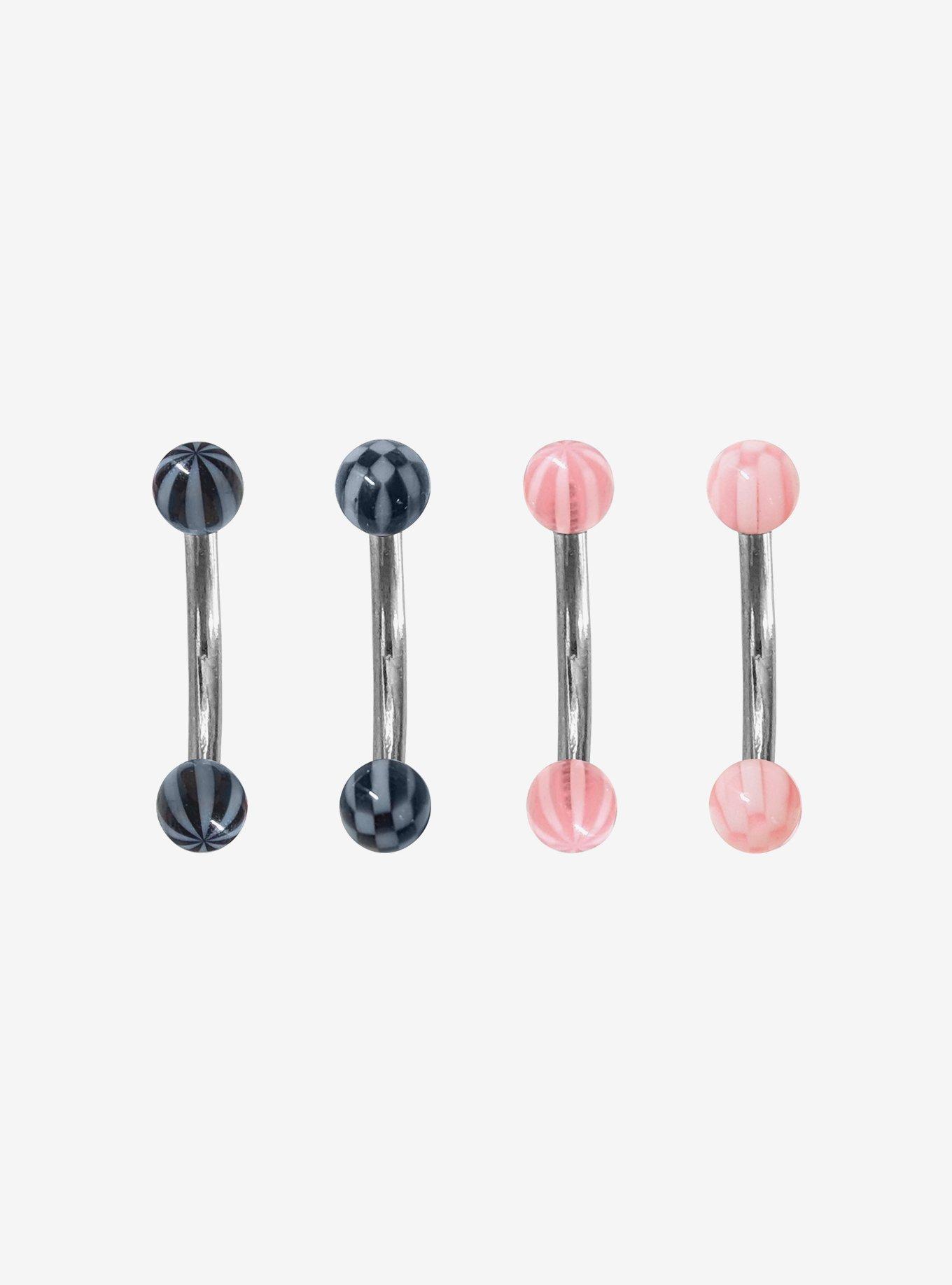 Steel Black & Pink Stripe Eyebrow Barbell 4 Pack, , hi-res