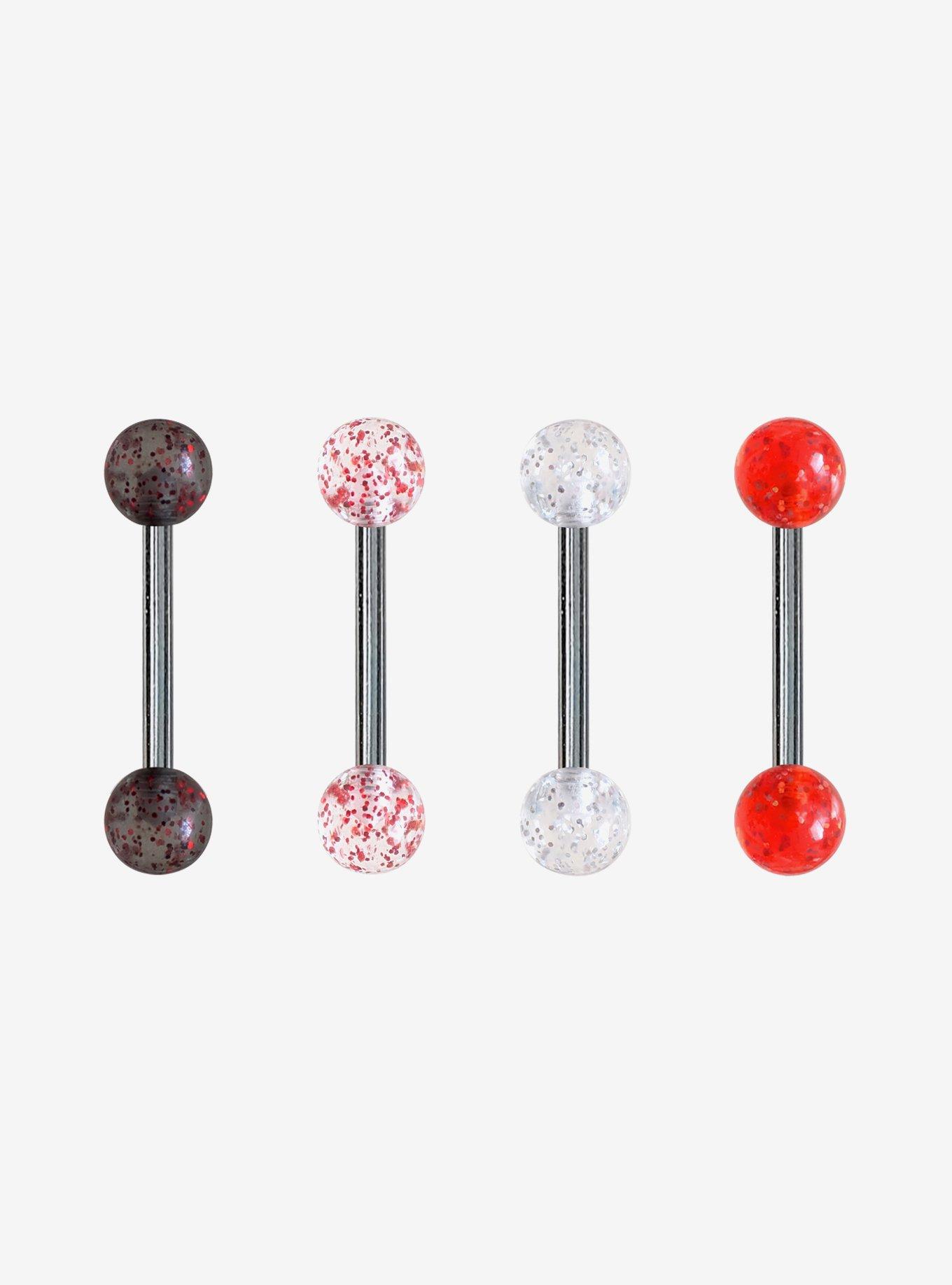Steel Black Red & White Glitter Tongue Barbell 4 Pack, , hi-res