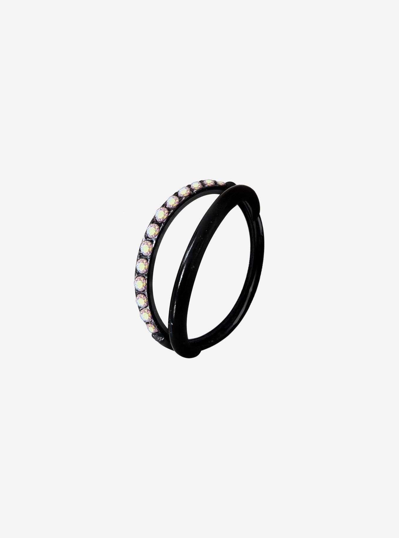 Steel Black Iridescent CZ Gem Double Hoop Hinged Clicker, MULTI, hi-res