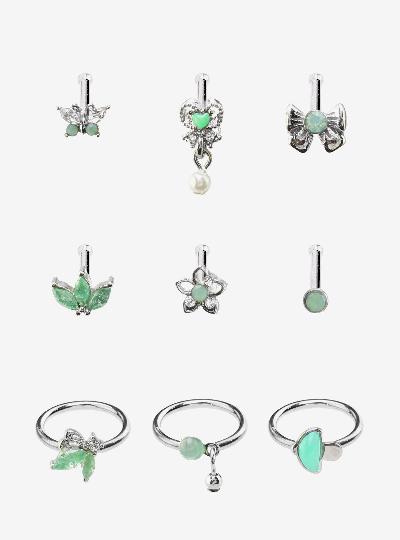 Steel Green Butterfly Floral Nose Stud & Hoop 9 Pack, MULTI, hi-res