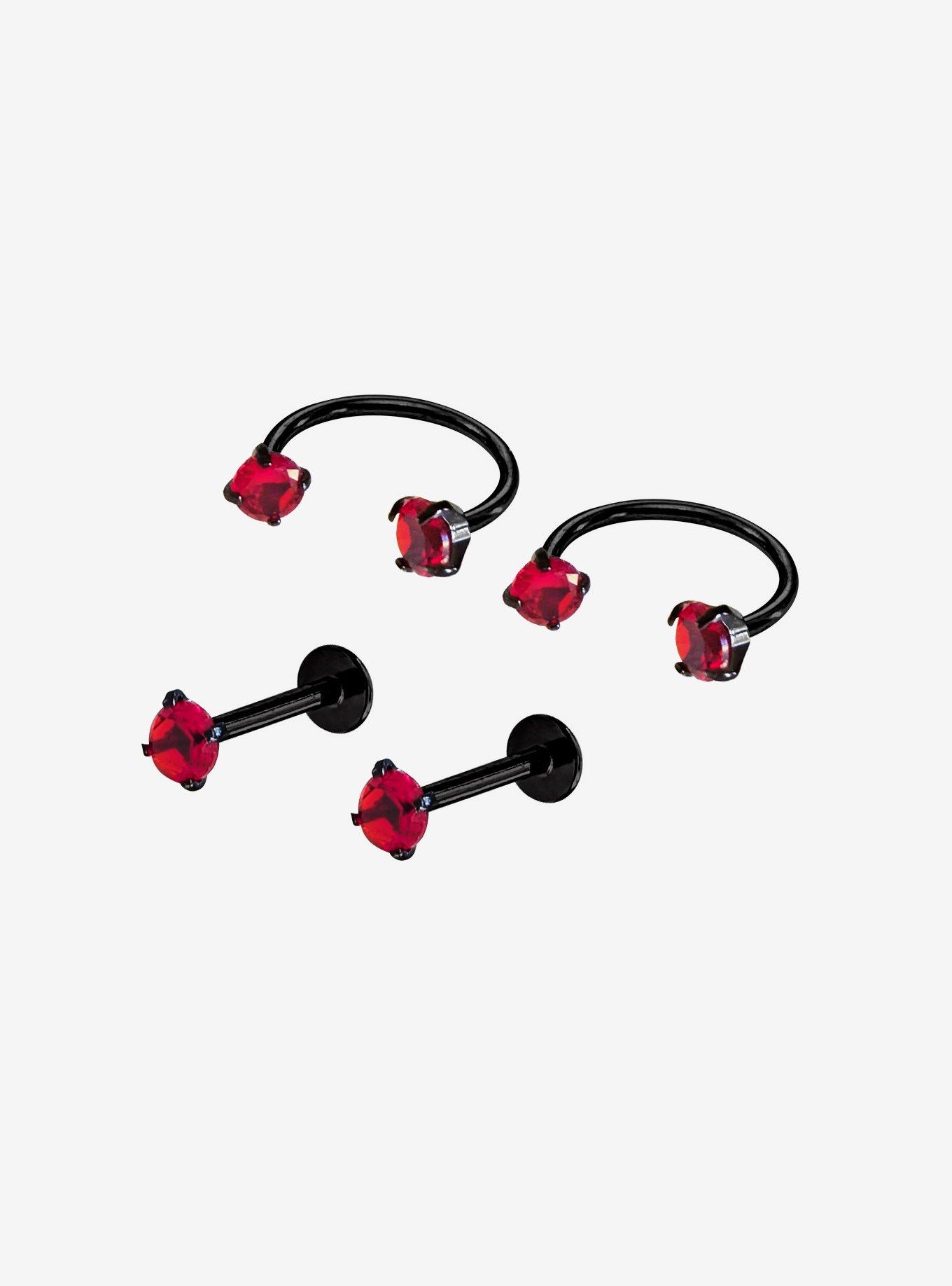 Steel Black & Red Gem Labret Stud & Circular Barbell 4 Pack, MULTI, hi-res