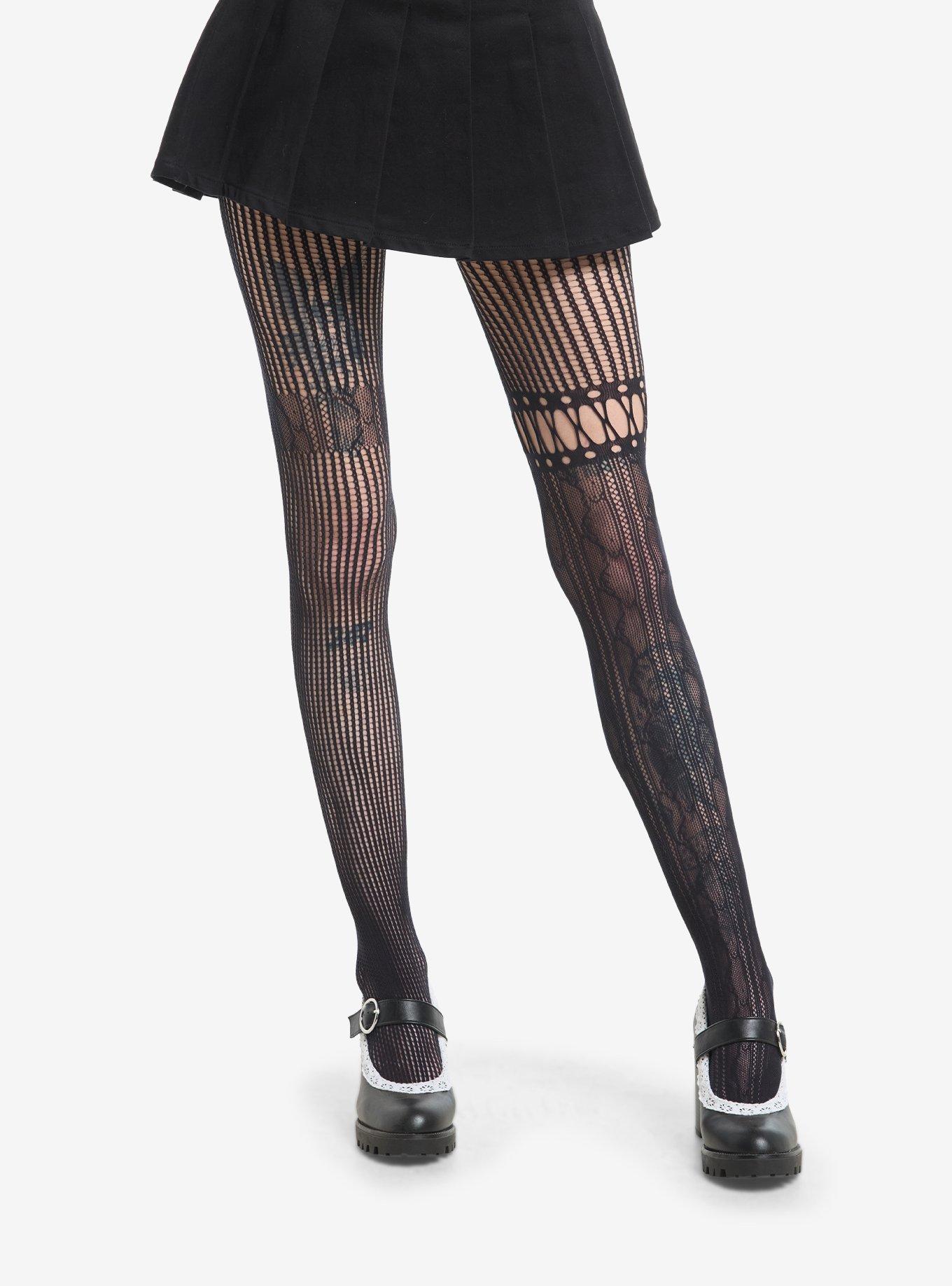 Black Asymmetrical Stripe Split Tights, , hi-res