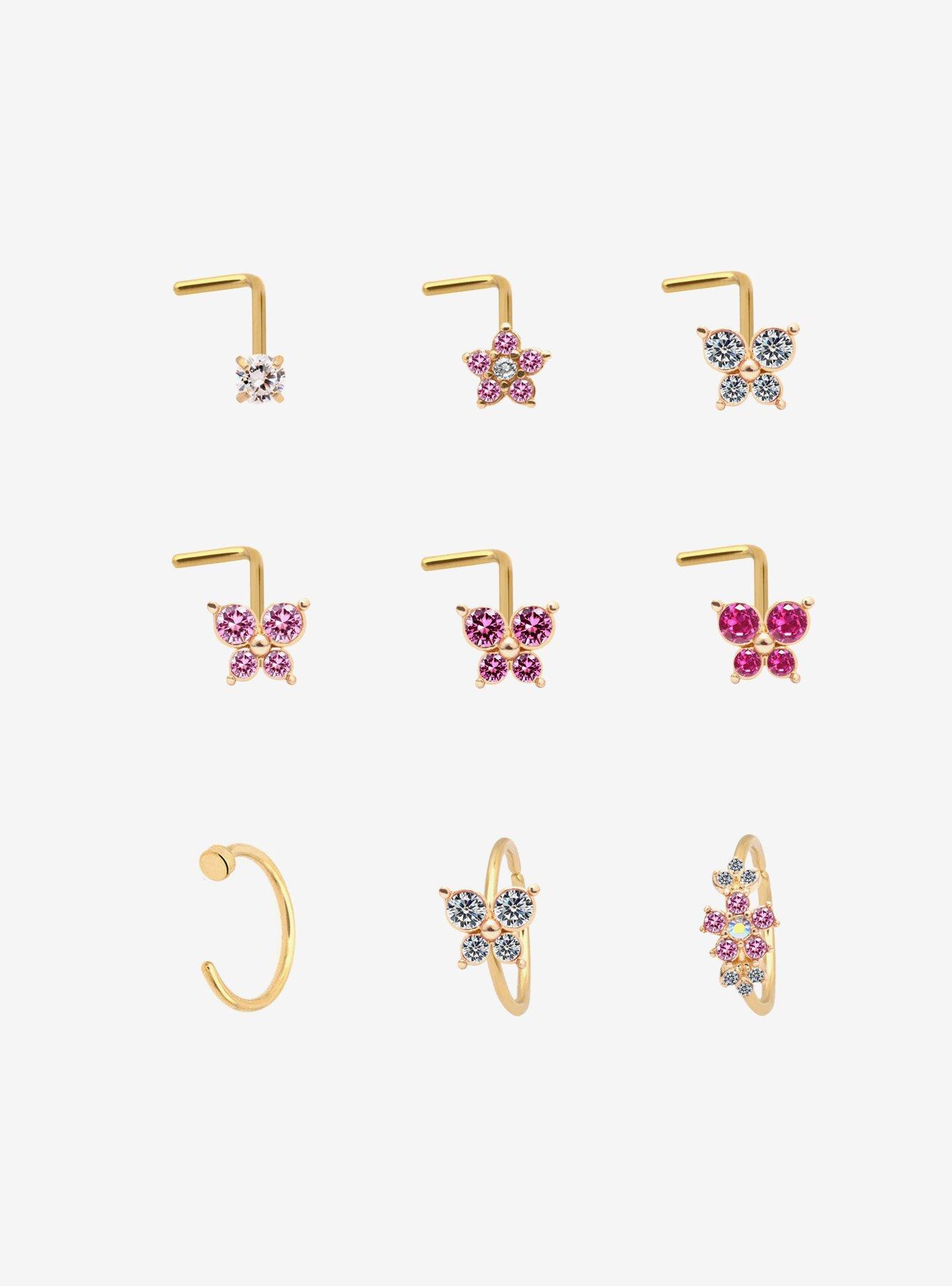 Steel Pink Butterfly Flower Nose Stud & Hoop 9 Pack