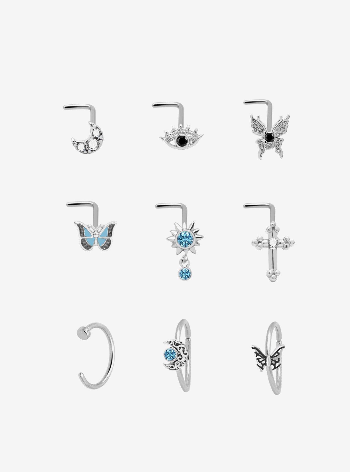 Steel Blue Butterfly Celestial Nose Stud & Hoop 9 Pack, MULTI, hi-res