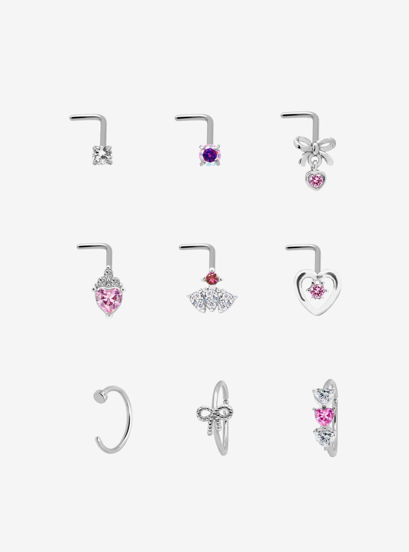 Steel Pink Heart Bow Nose Stud & Hoop 9 Pack, , hi-res