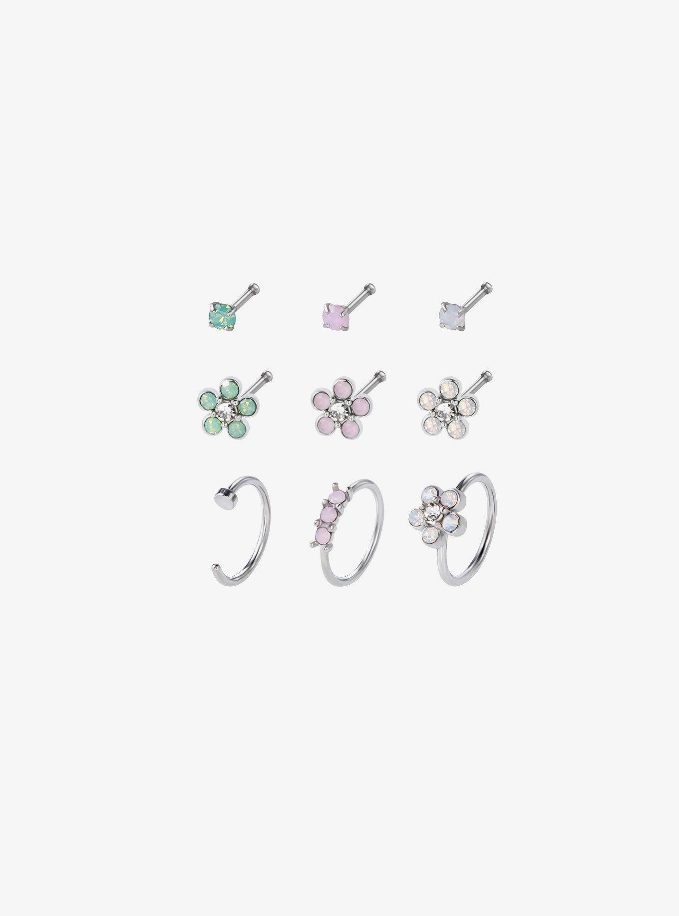20G Steel Opal Floral Nose Stud & Hoop 9 Pack, MULTI, hi-res