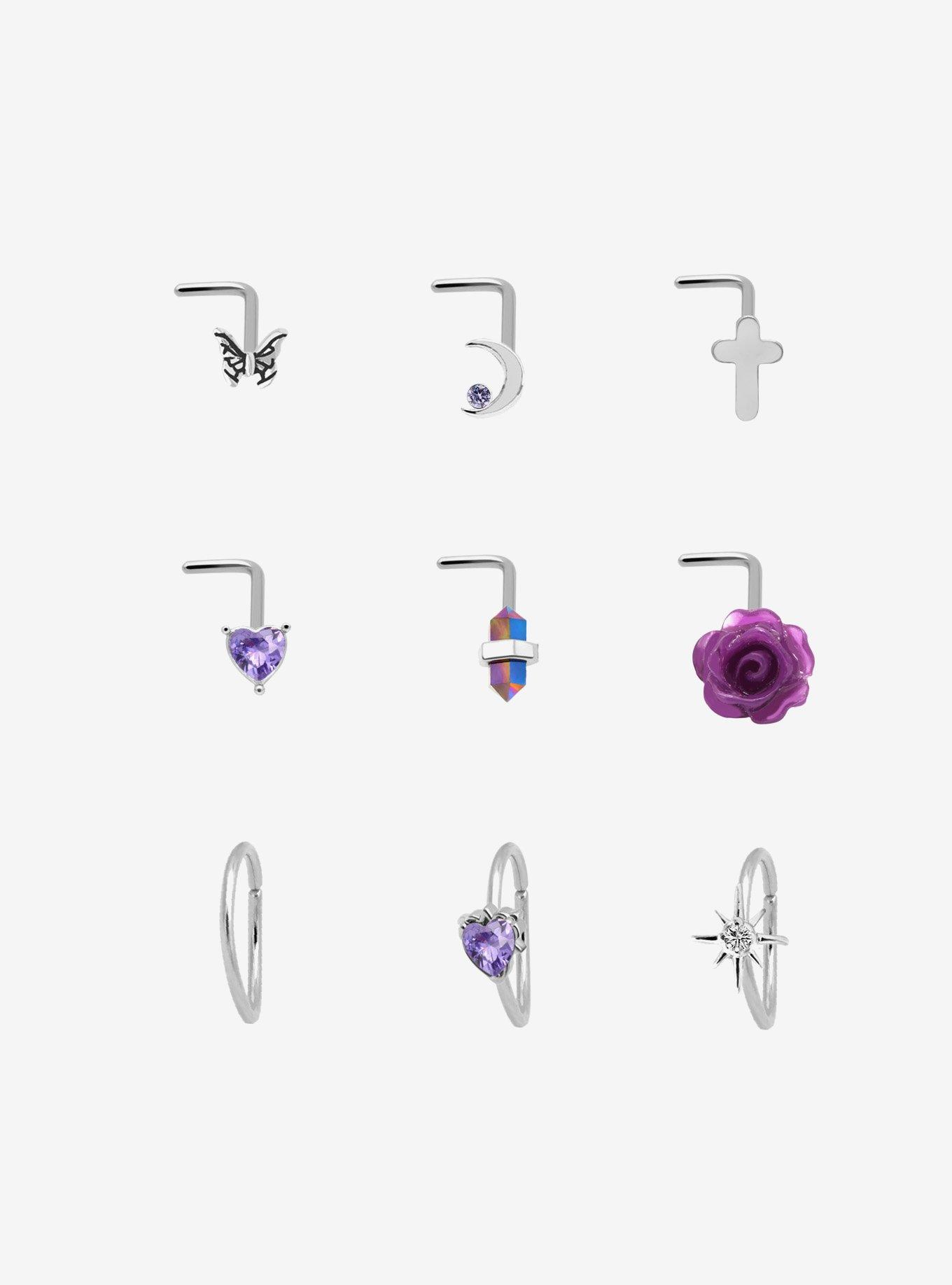 Steel Witchy Purple Flower Heart Nose Stud & Hoop 9 Pack, MULTI, hi-res