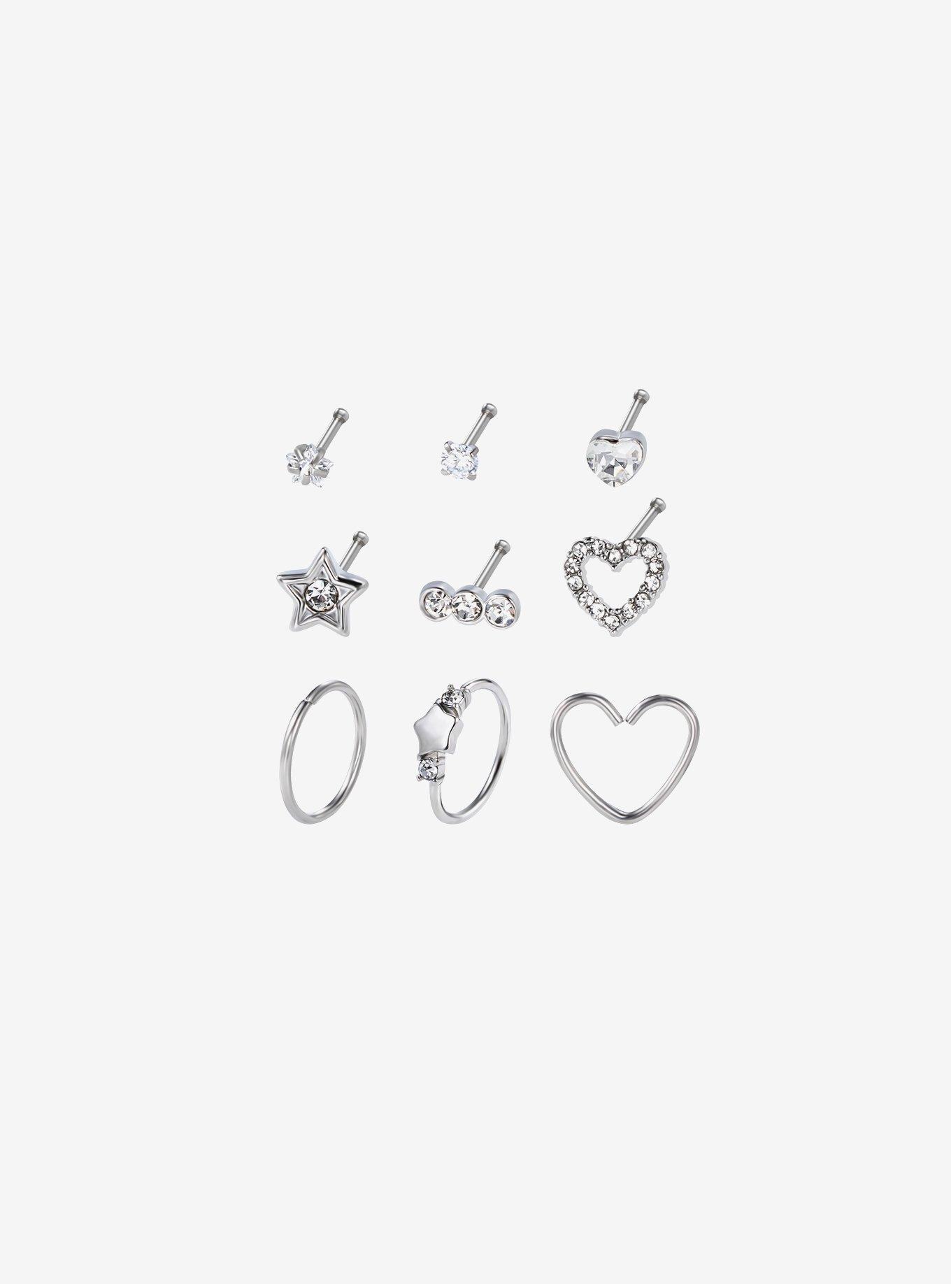 18G Steel Star Heart Bling Nose Stud & Hoop 9 Pack, , hi-res