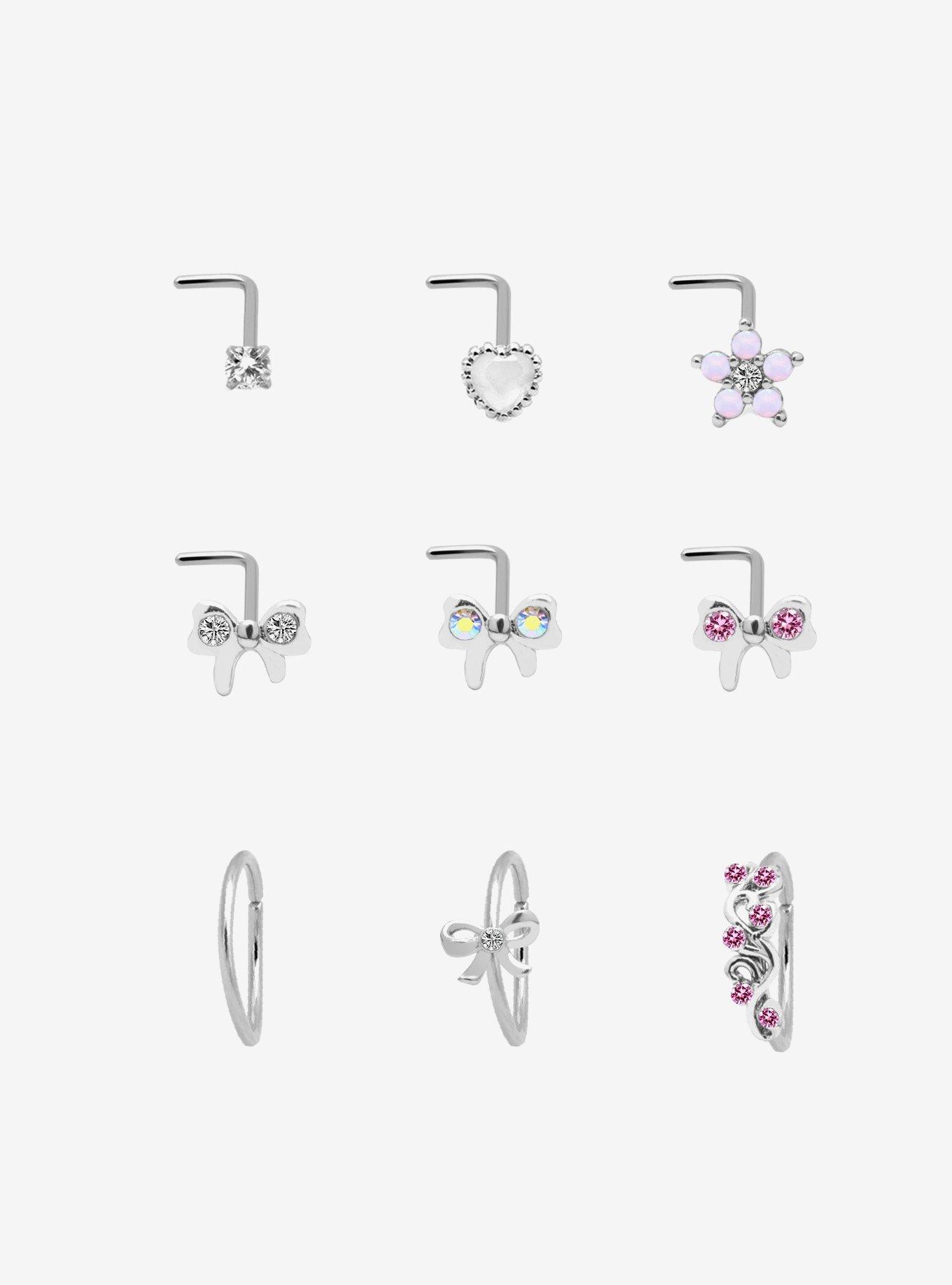 Steel Bow Heart Nose Stud & Hoop 9 Pack, , hi-res