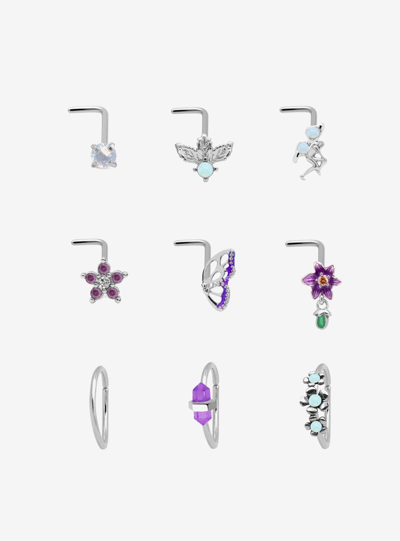 Steel Purple Butterfly Flower Nose Stud & Hoop 9 Pack, , hi-res