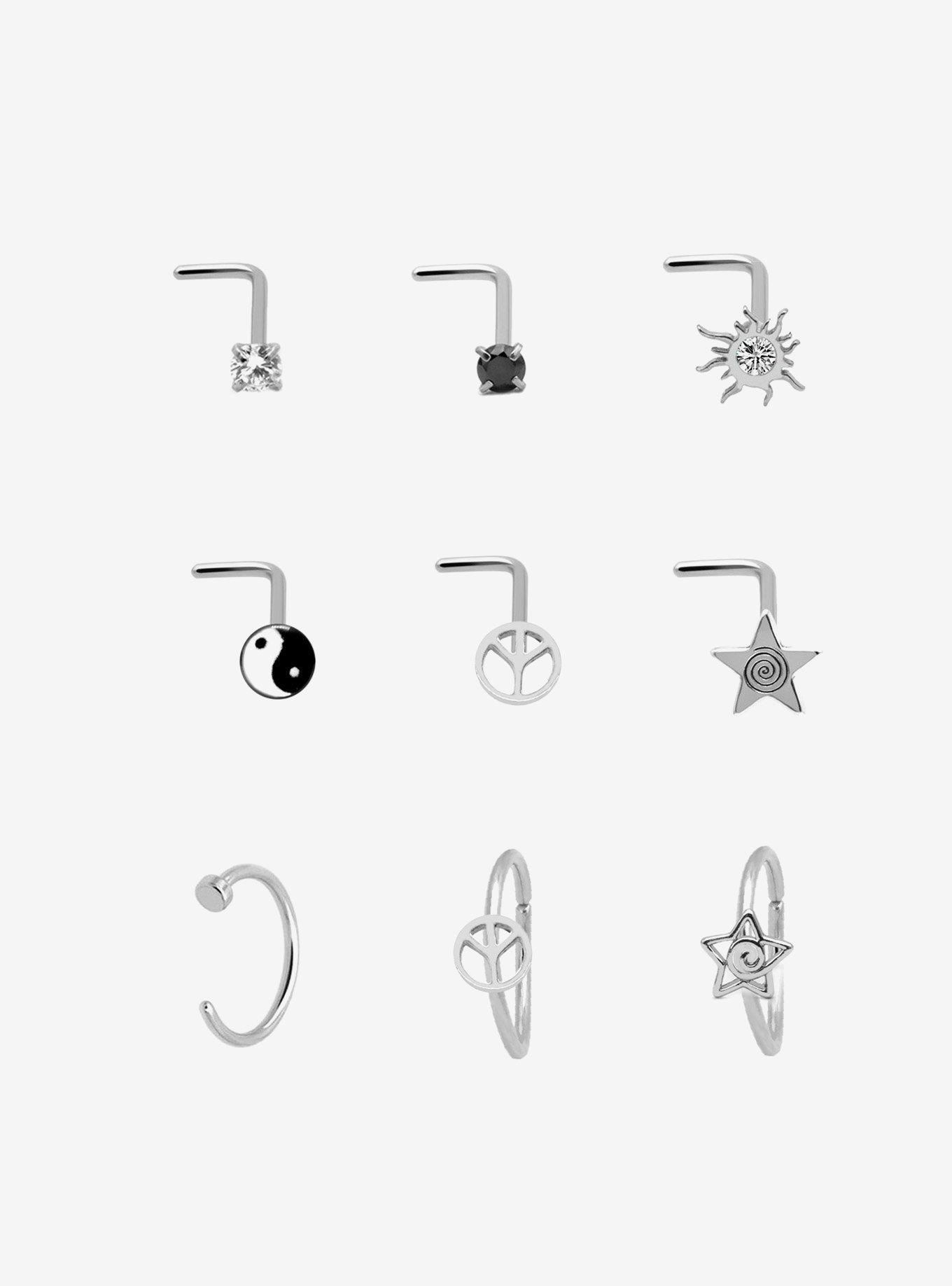 Steel Grunge Star Peace Sign Nose Stud & Hoop 9 Pack, , hi-res