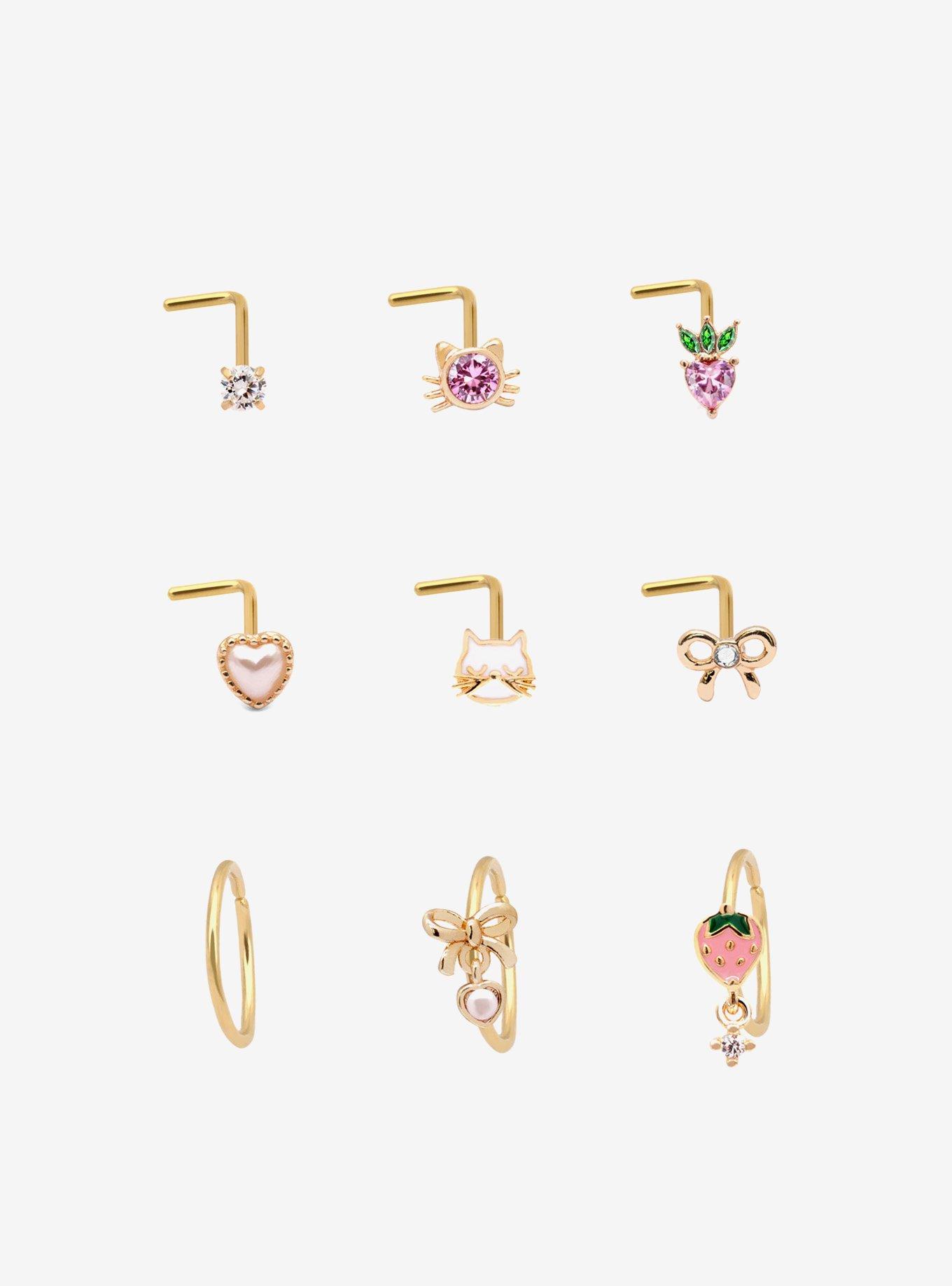 Steel Kitty Bow Nose Stud & Hoop 9 Pack, MULTI, hi-res