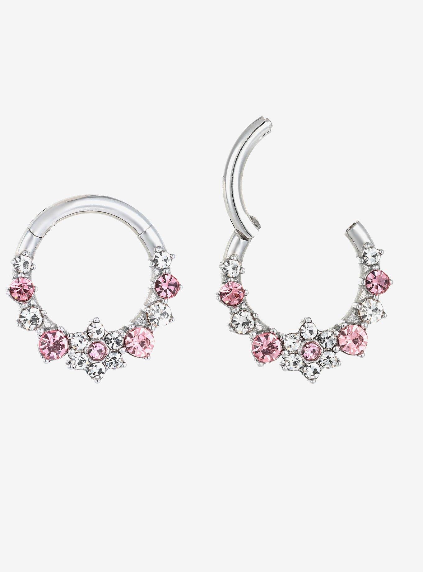 16G Steel Pink Flower Bling Hinged Clicker, MULTI, hi-res