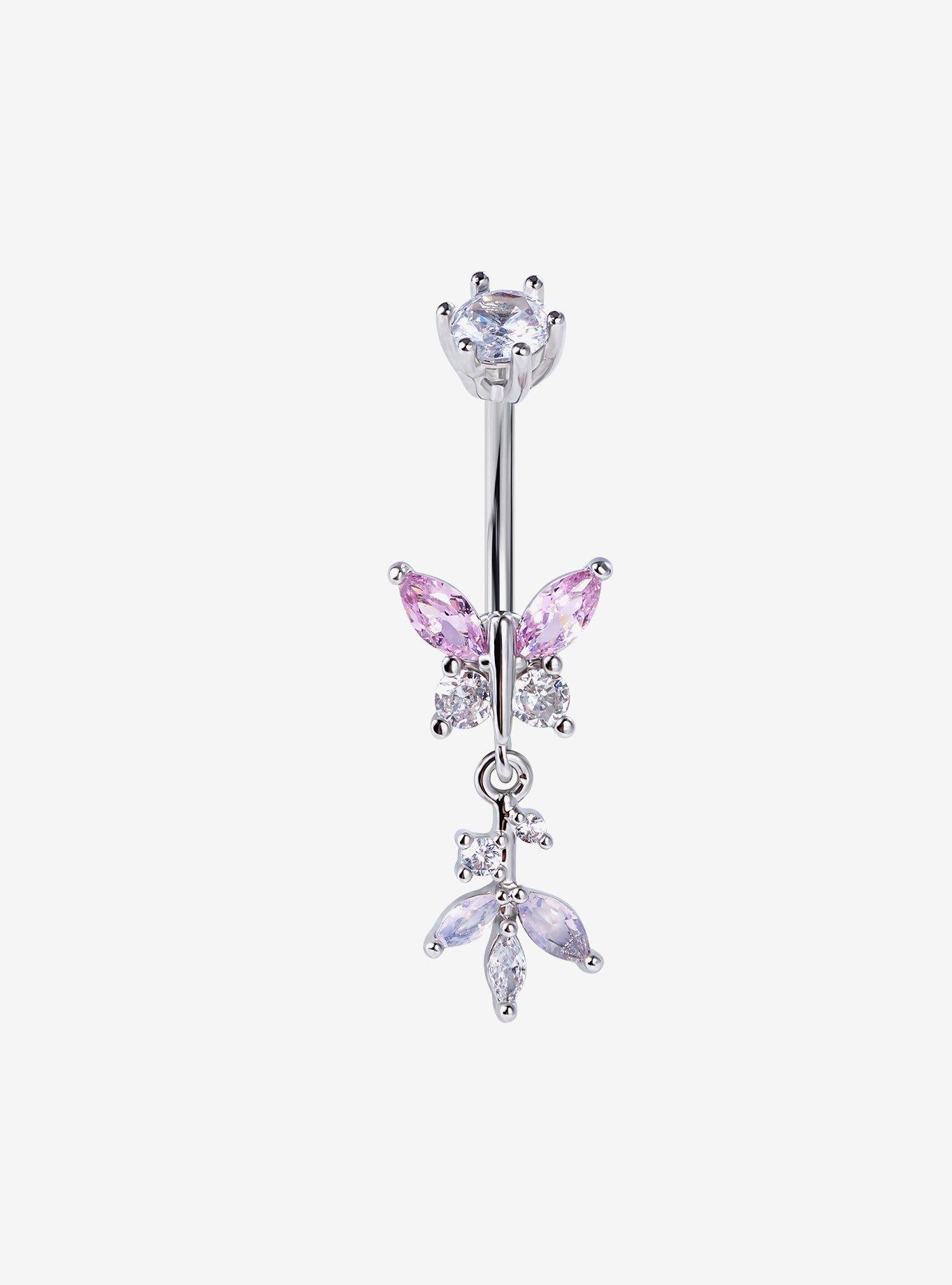 14G Steel Pink Butterfly Bling Navel Barbell, , hi-res